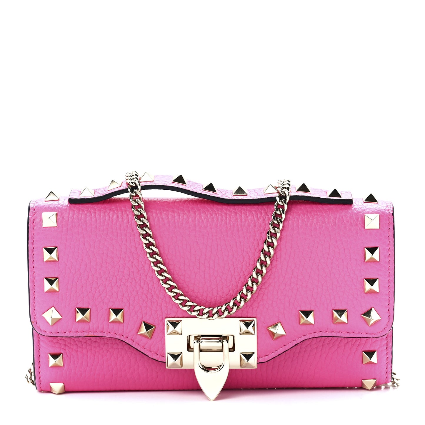 Pebbled Calfskin Rockstud Flip Lock Wallet On Chain Dawn Pink