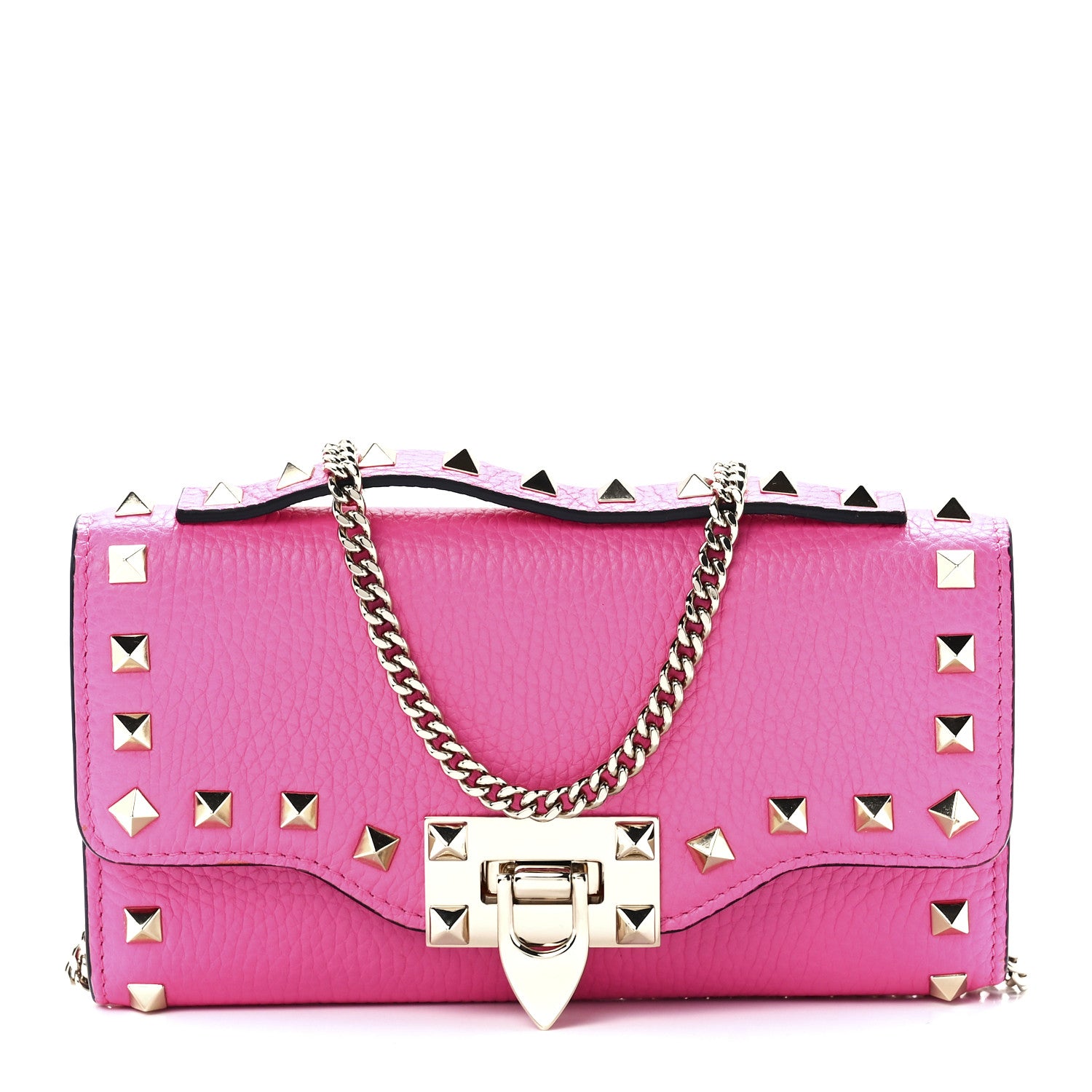 Valentino Garavani Pebbled Calfskin Rockstud Flip Lock Wallet On Chain Dawn Pink 1 of 10