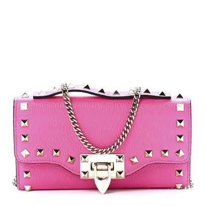 Valentino Garavani Pebbled Calfskin Rockstud Flip Lock Wallet On Chain Dawn Pink 1 of 10