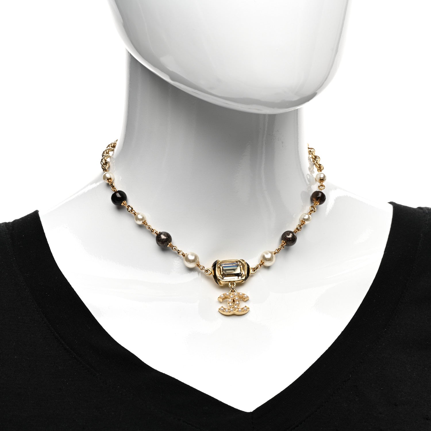 Chanel Pearl Beaded Crystal CC Gold Black White 2 of 4