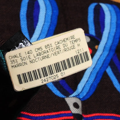 Hermes Cashmere Silk Laboratoire Du Temps Shawl 140 Marron Nocturne Vert Rouge H 10 of 10