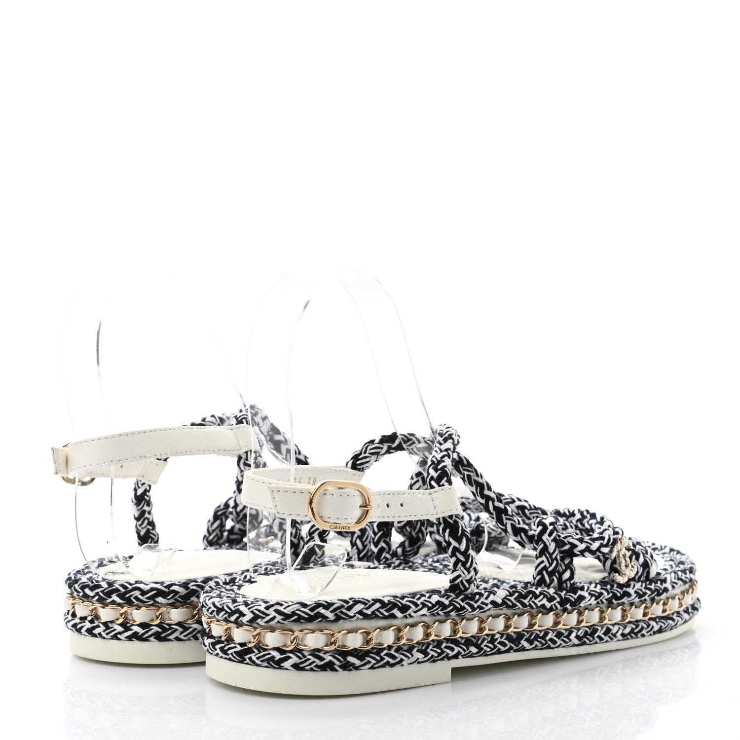 Chanel Lambskin Cord Chain CC Sandals 38 Black White 4 of 8