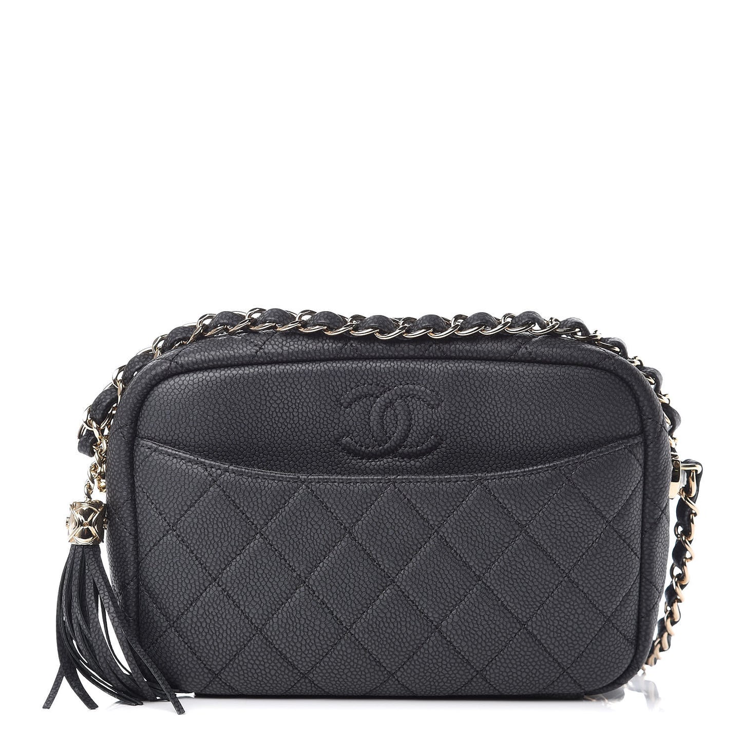 Iridescent Caviar Quilted Small Coco Tassel Camera Case Black