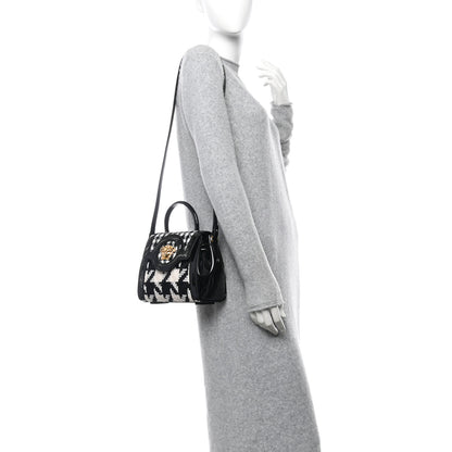 Versace Patent Calfskin Tweed Houndstooth Medusa Small Top Handle Handbag Black White 2 of 12
