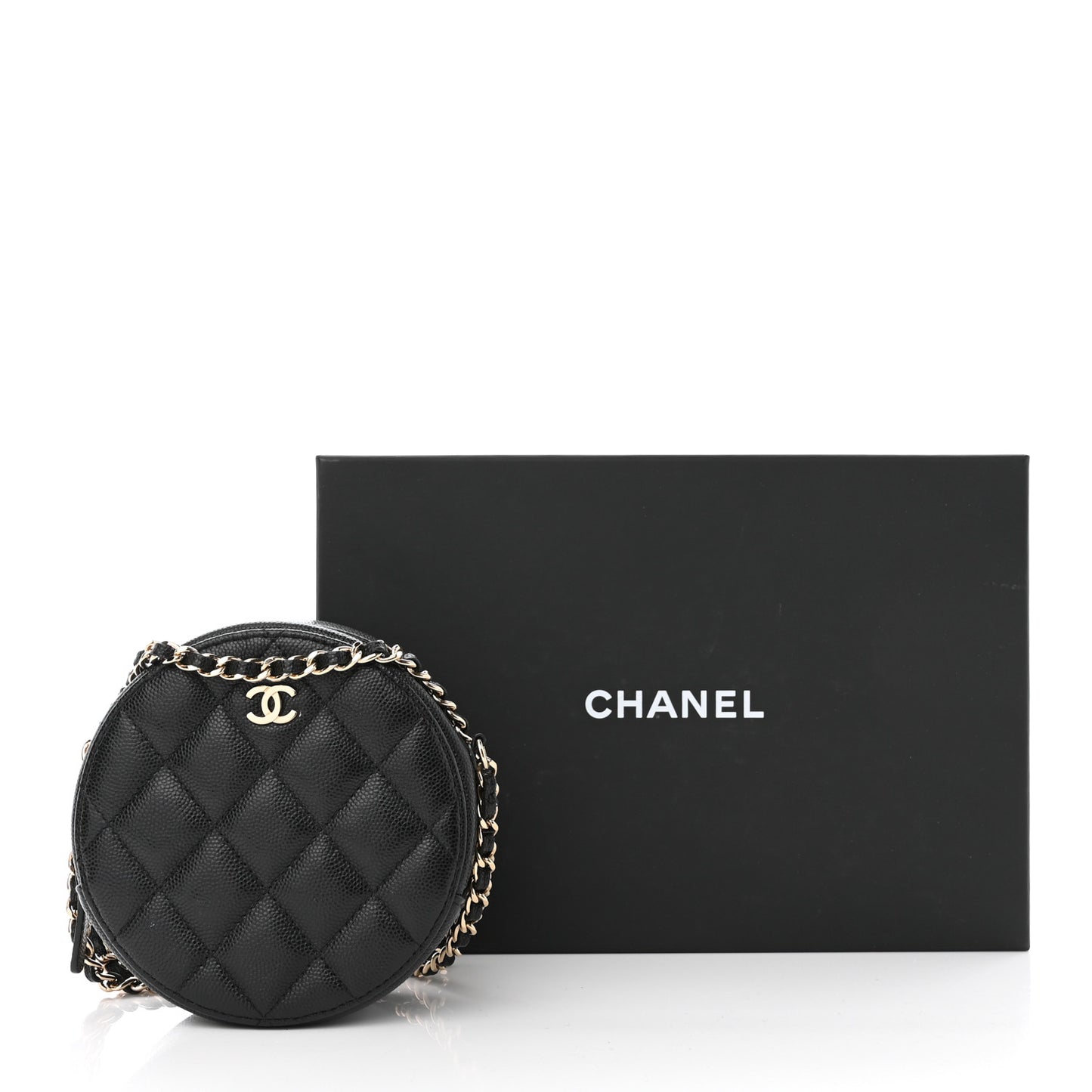 Caviar Quilted Round Clutch With Chain Black
