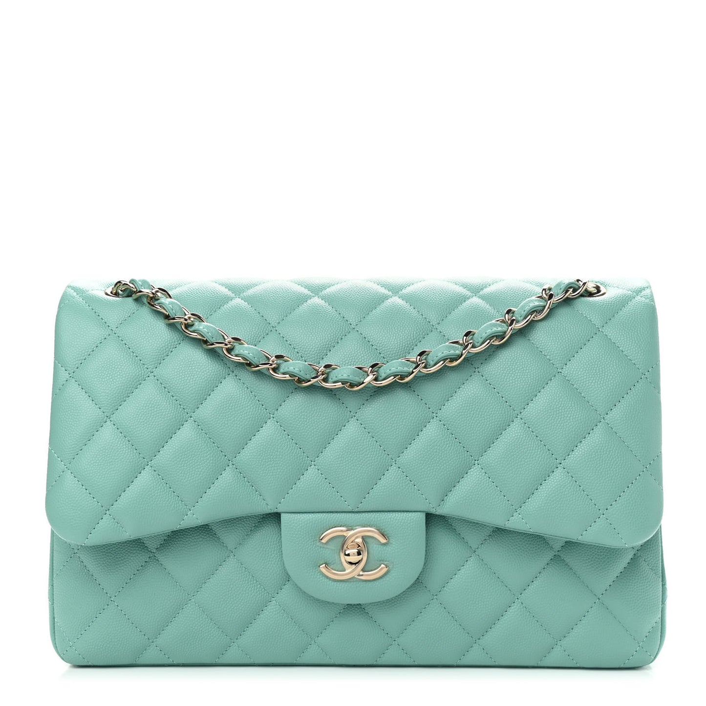 Caviar Quilted Jumbo Double Flap Light Green