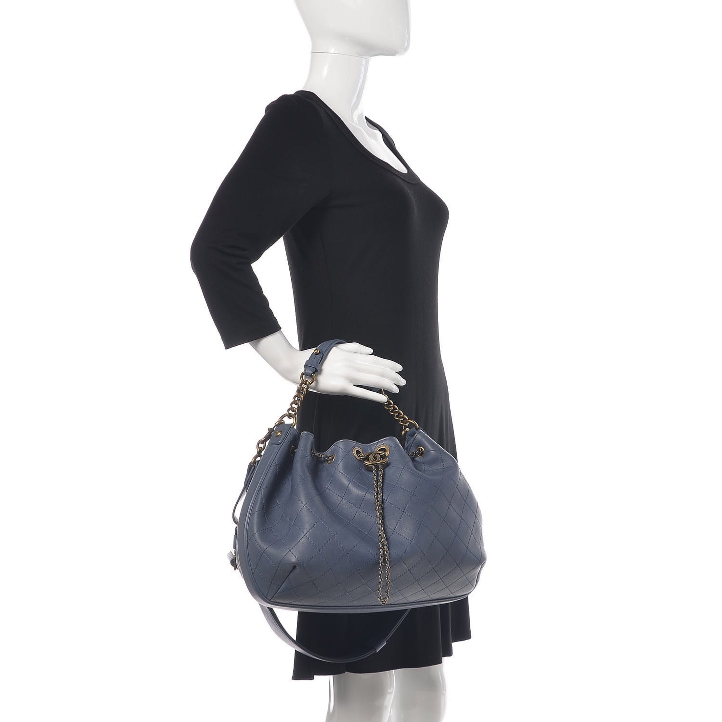 Calfskin Stitched Large Drawstring CC Bag Blue