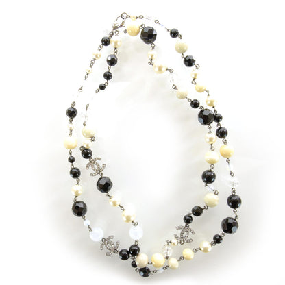 Chanel Pearl Crystal CC Beaded Long Necklace Silver 1 of 4