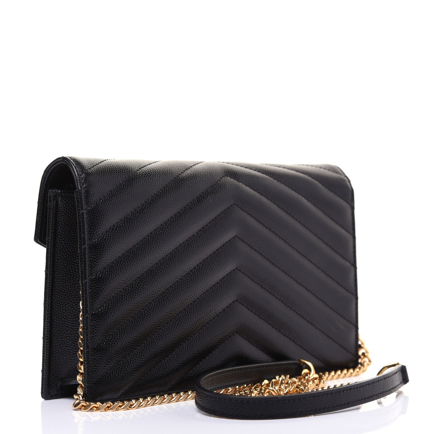 Saint Laurent Grain De Poudre Matelasse Chevron Monogram Envelope Chain Wallet Black 3 of 14