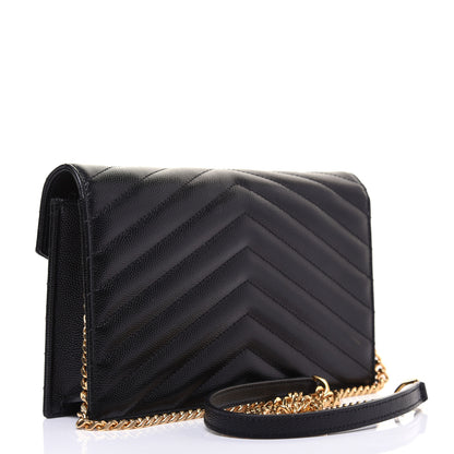 Saint Laurent Grain De Poudre Matelasse Chevron Monogram Envelope Chain Wallet Black 3 of 14