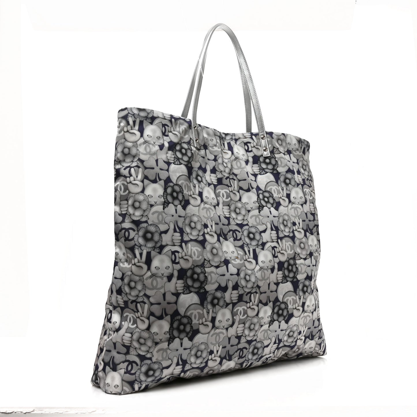 Nylon Cat Emoticon Tote Navy Silver