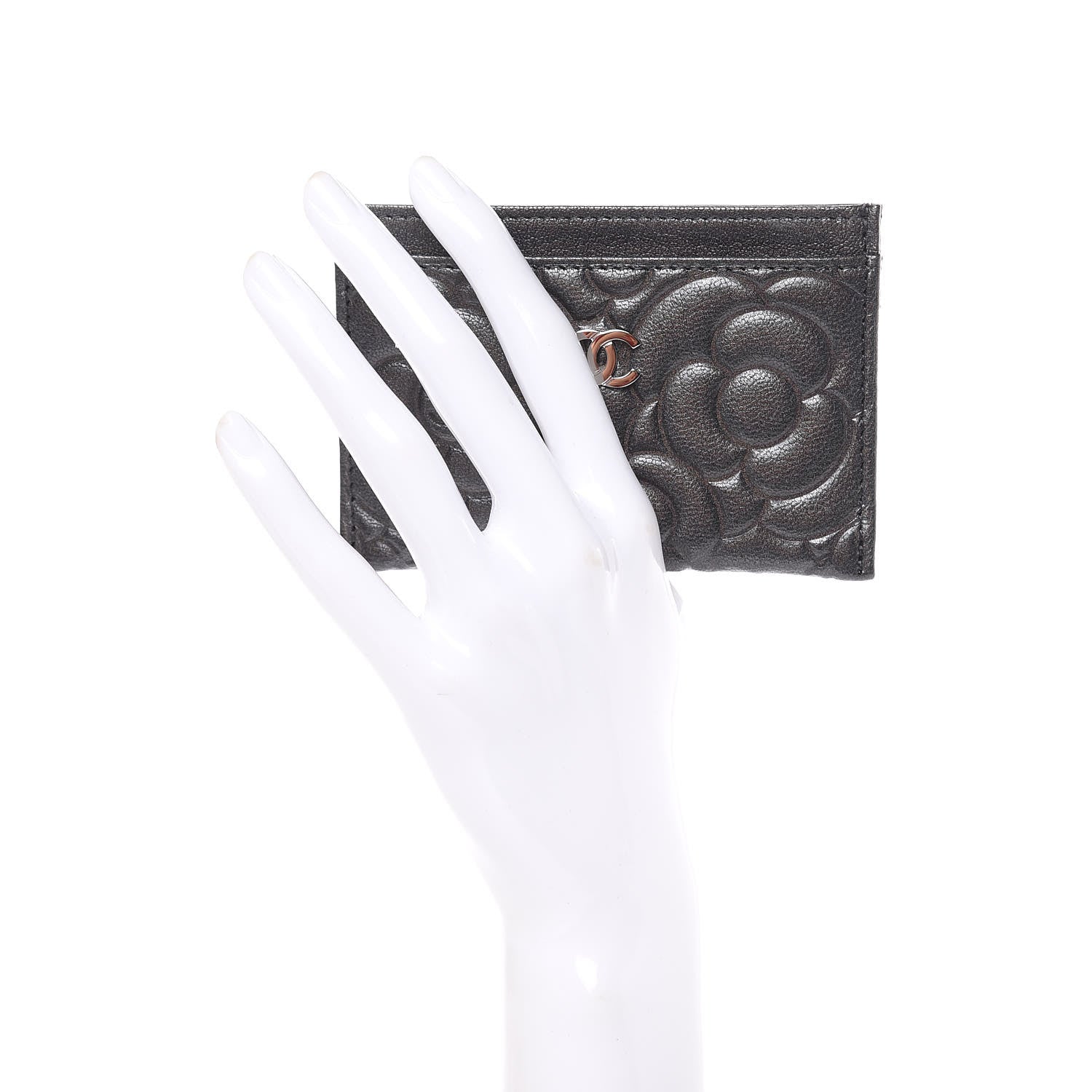 Chanel Goatskin Camellia Embossed Card Holder Grey 2 of 9