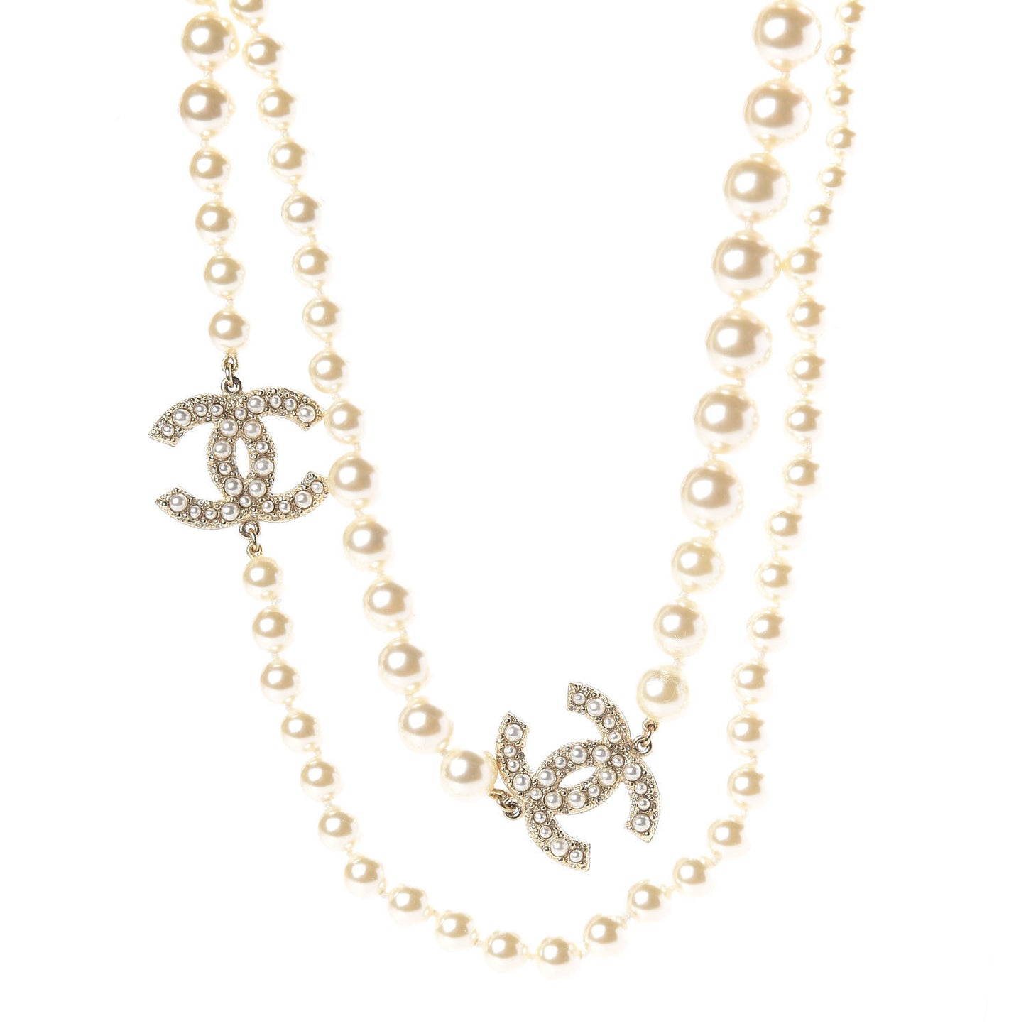 Graduated Pearl Long CC Necklace Gold