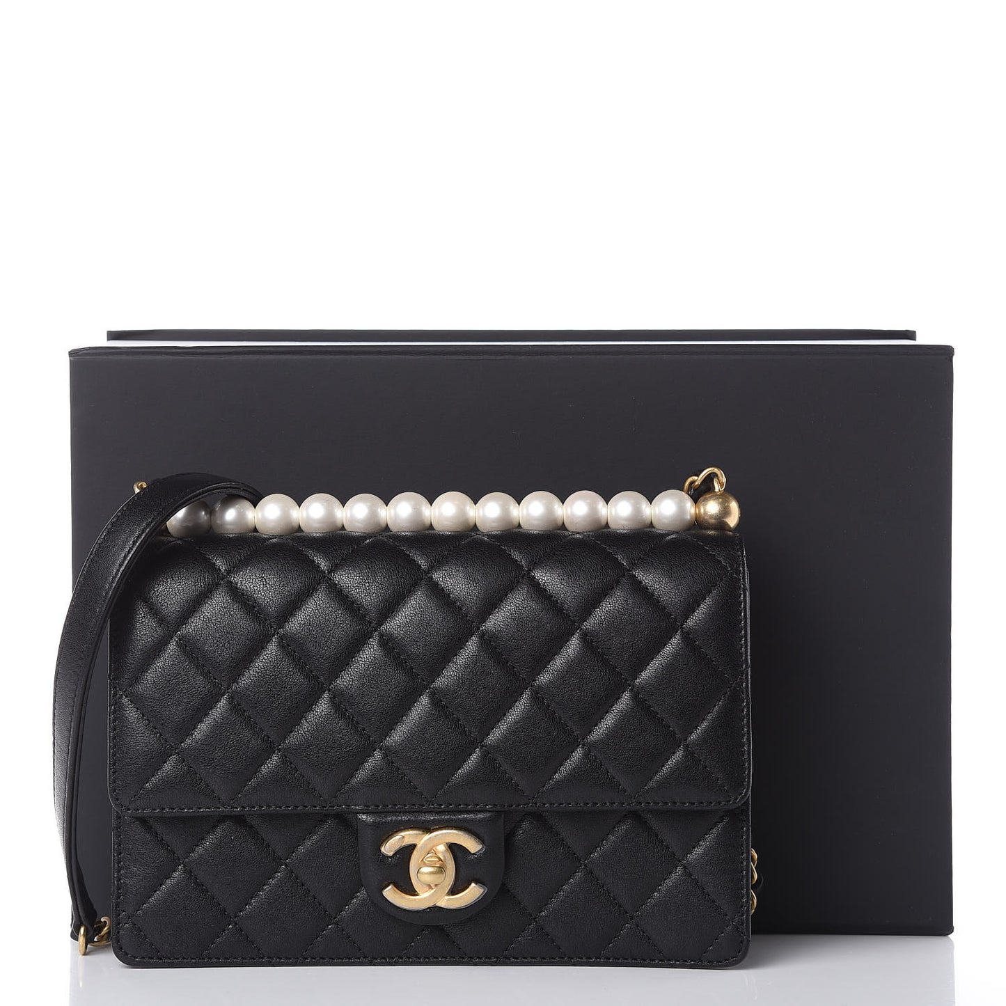 Lambskin Quilted Small Chic Pearls Flap Black