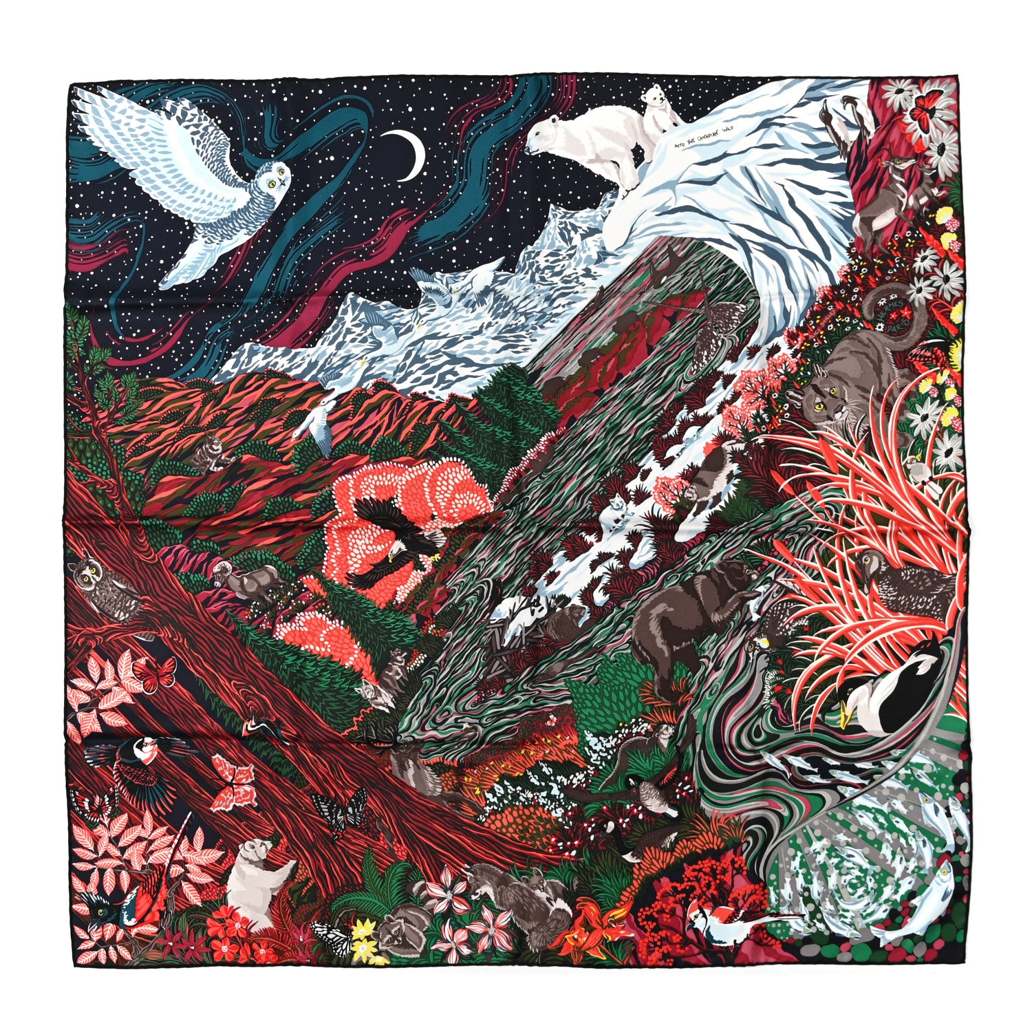 Hermes Silk Into the Canadian Wild Scarf 90 Vert Corail Bordeaux 1 of 4