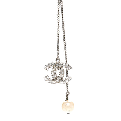 Chanel Baguette Crystal Pearl CC Lariat Necklace Silver 4 of 6
