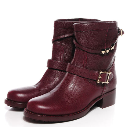 Valentino Garavani Pebbled Calfskin Rockstud Biker Boots 38 Rubin 3 of 8