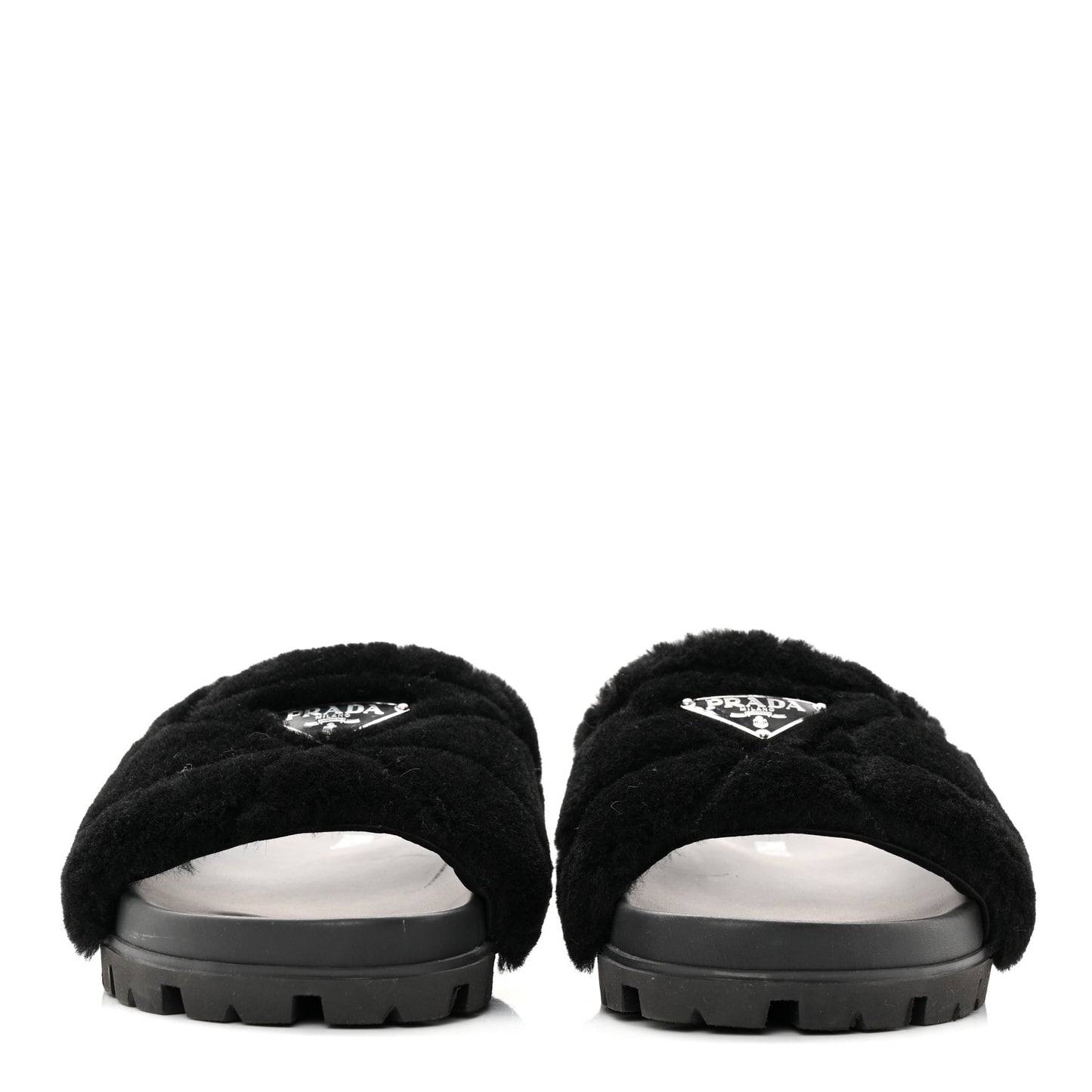 Shearling Metal Triangle Logo Lug Sole 20mm Slide Sandals 41 Black