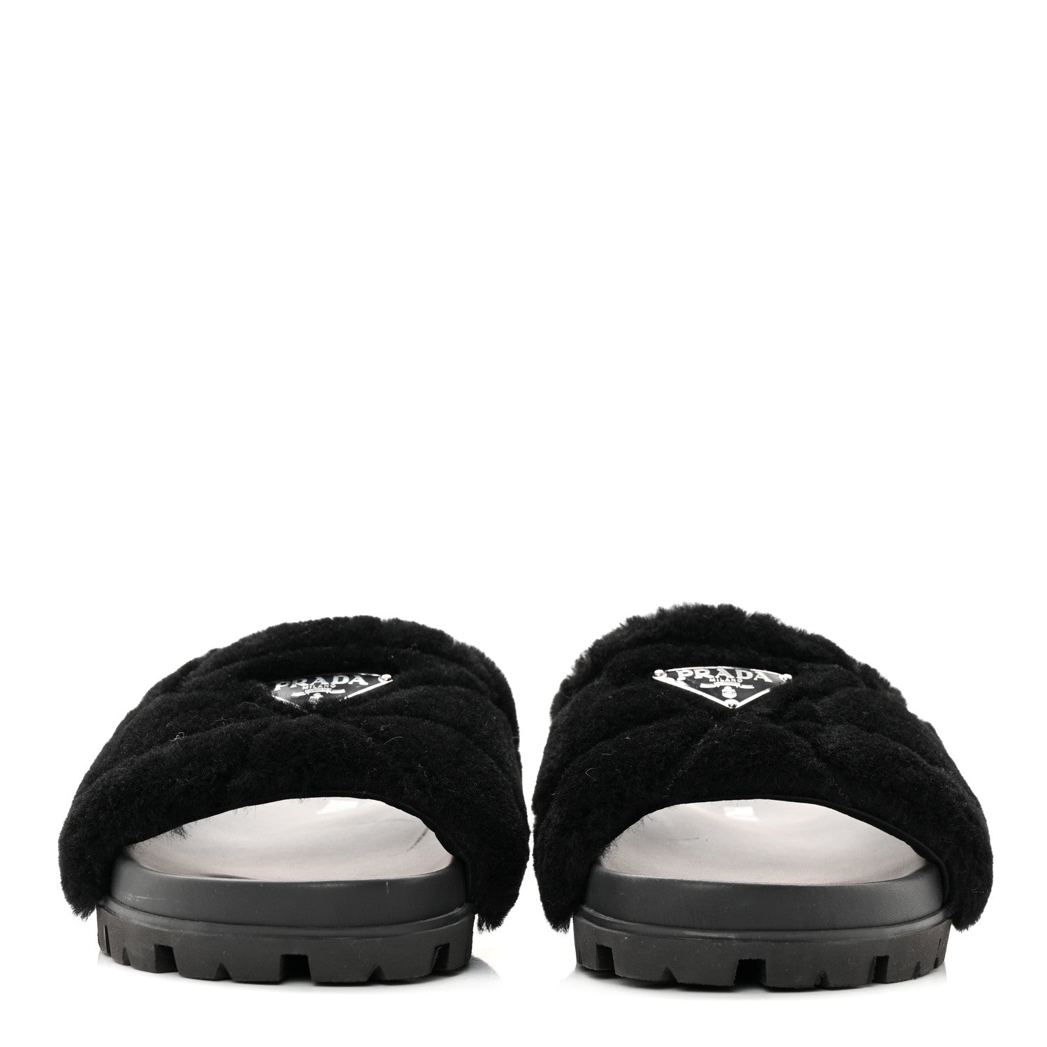 Prada Shearling Metal Triangle Logo Lug Sole 20mm Slide Sandals 41 Black 2 of 9