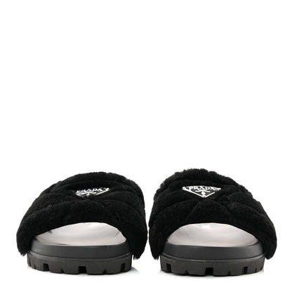 Prada Shearling Metal Triangle Logo Lug Sole 20mm Slide Sandals 41 Black 2 of 9