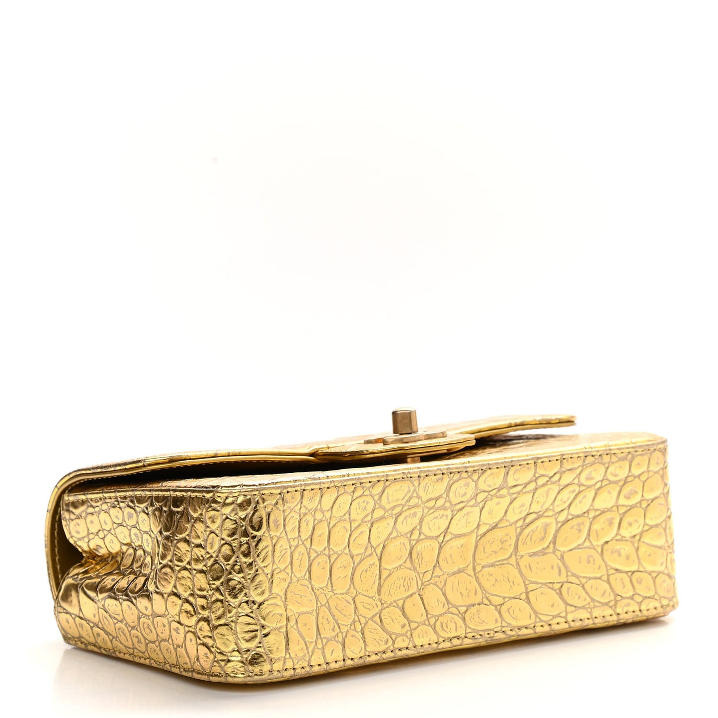 Metallic Calfskin Crocodile Embossed Cocodile Rectangular Mini Flap Gold