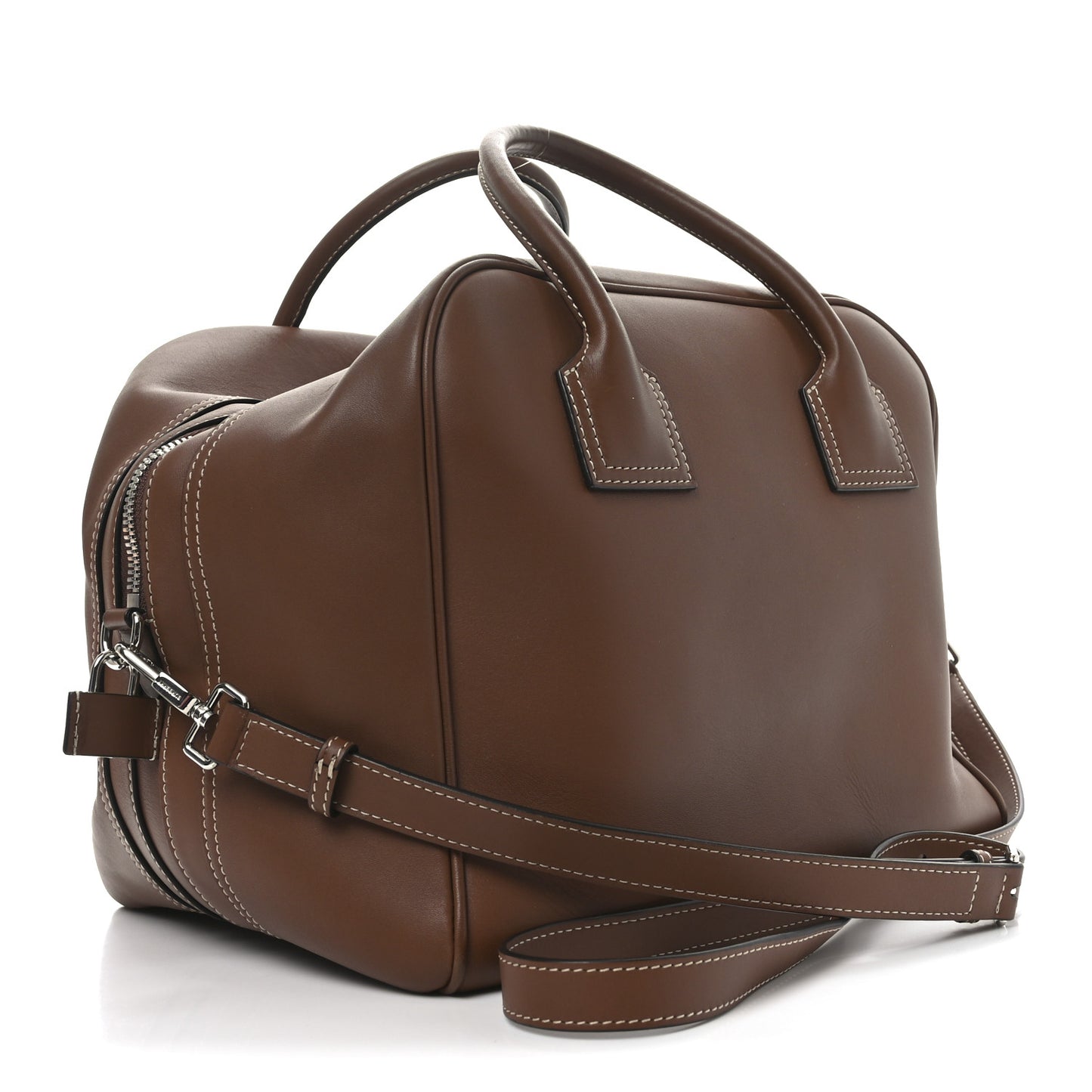 Smooth Calfskin Medium Cube Bowling Bag Malt Brown