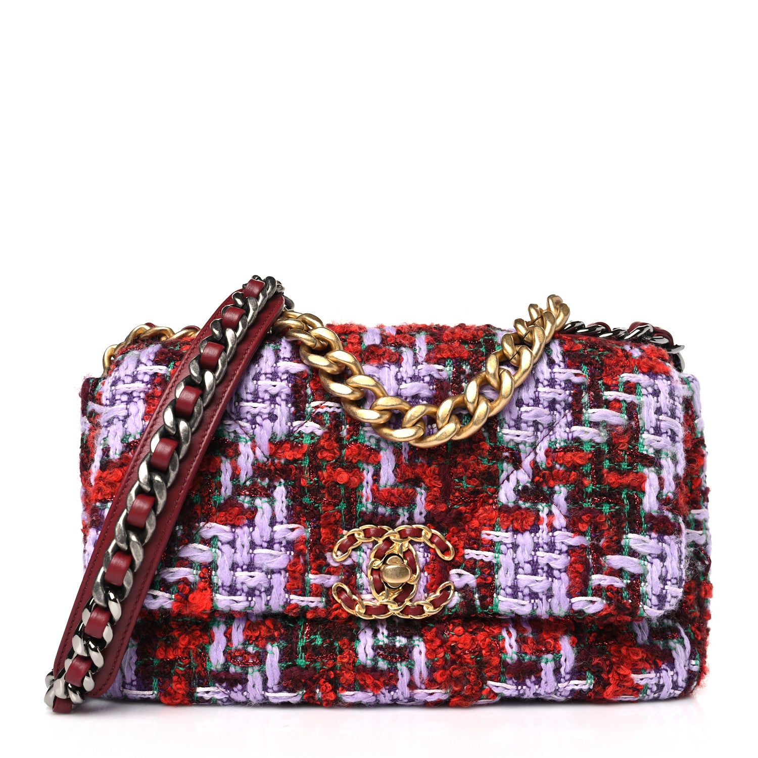 Chanel Tweed Quilted Medium Chanel 19 Flap Red Purple Green 1 of 9