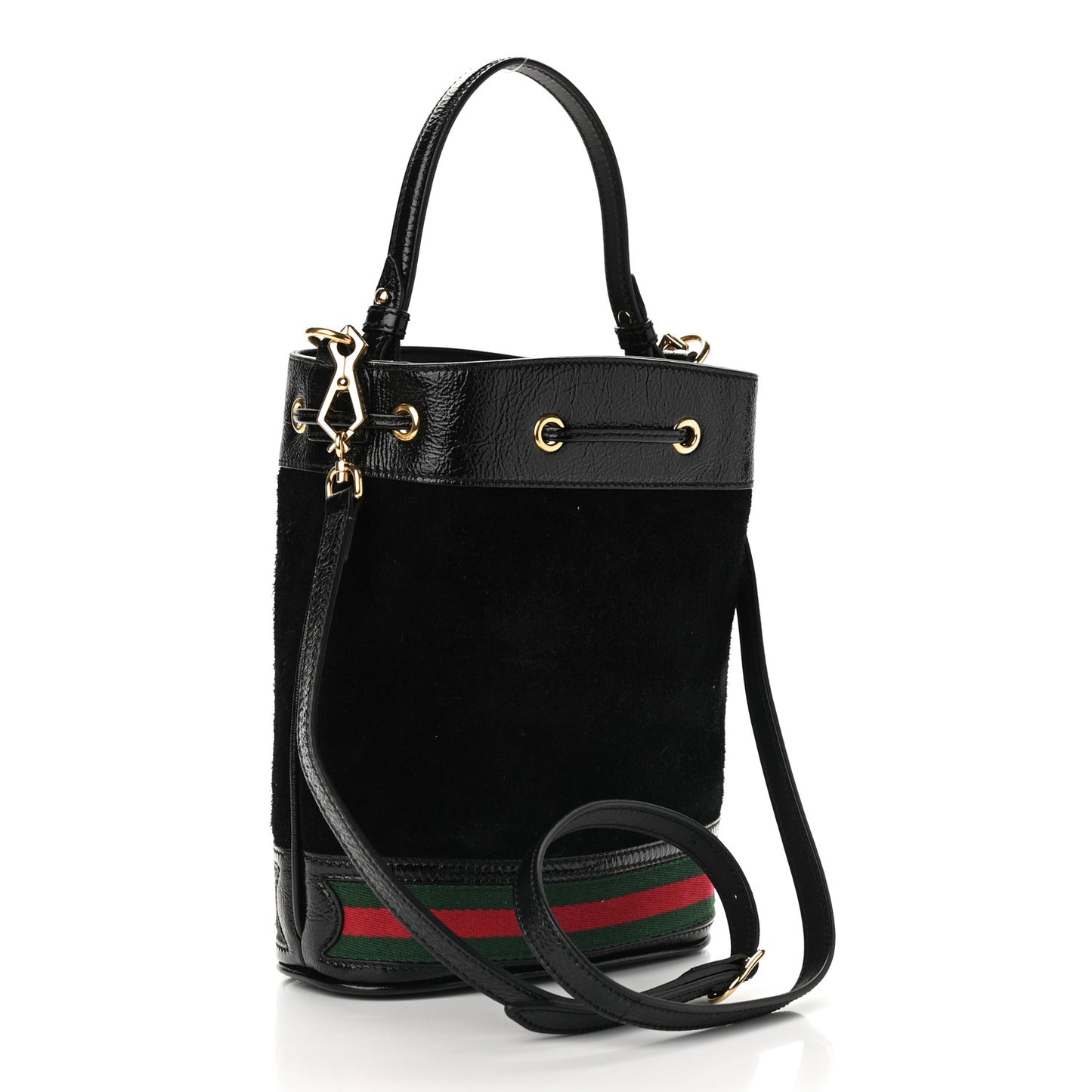 Suede Patent Web Small Ophidia Bucket Bag Black