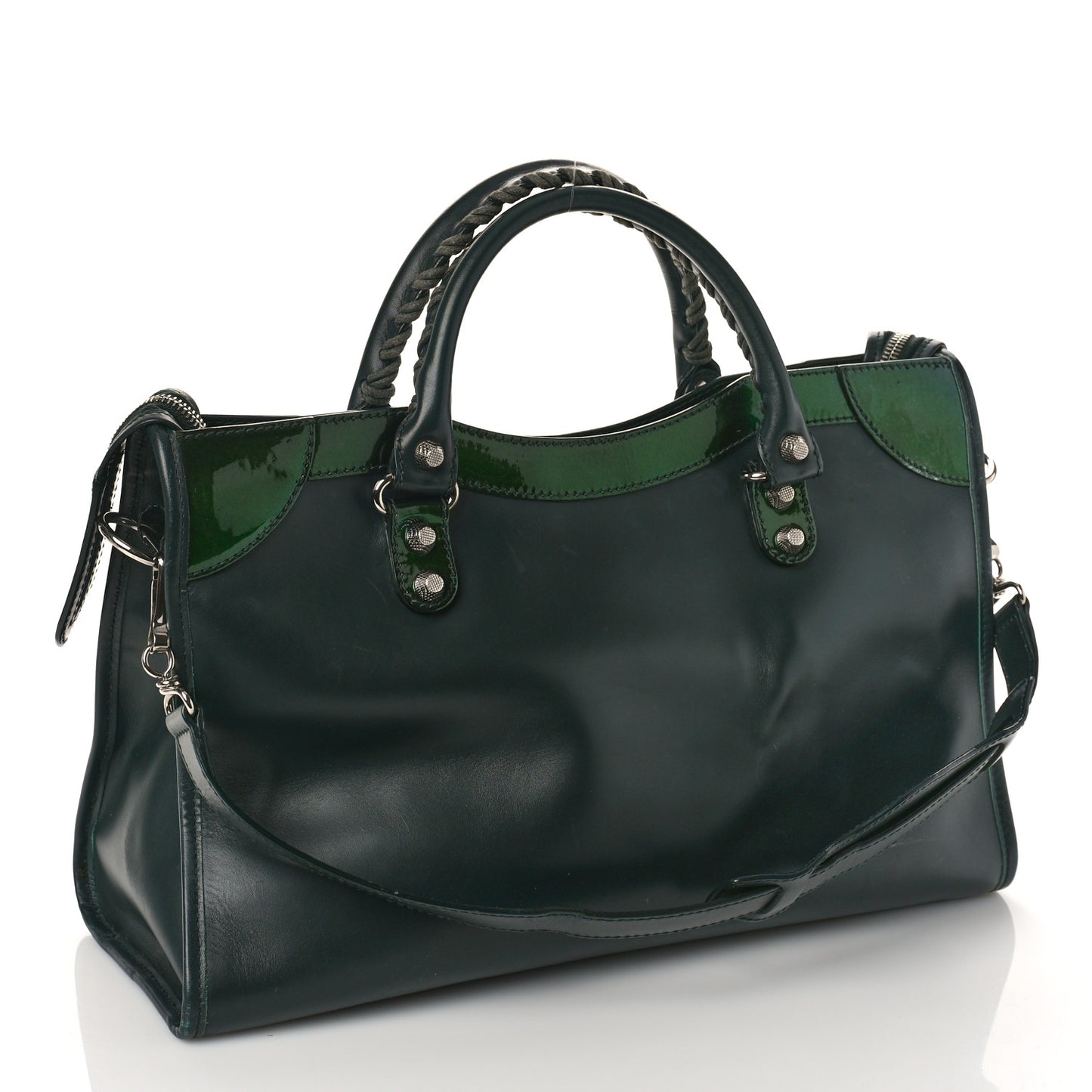 Smooth Calfskin Metallic Patent Giant 12 Silver Hardware City Vert Poker Fonce