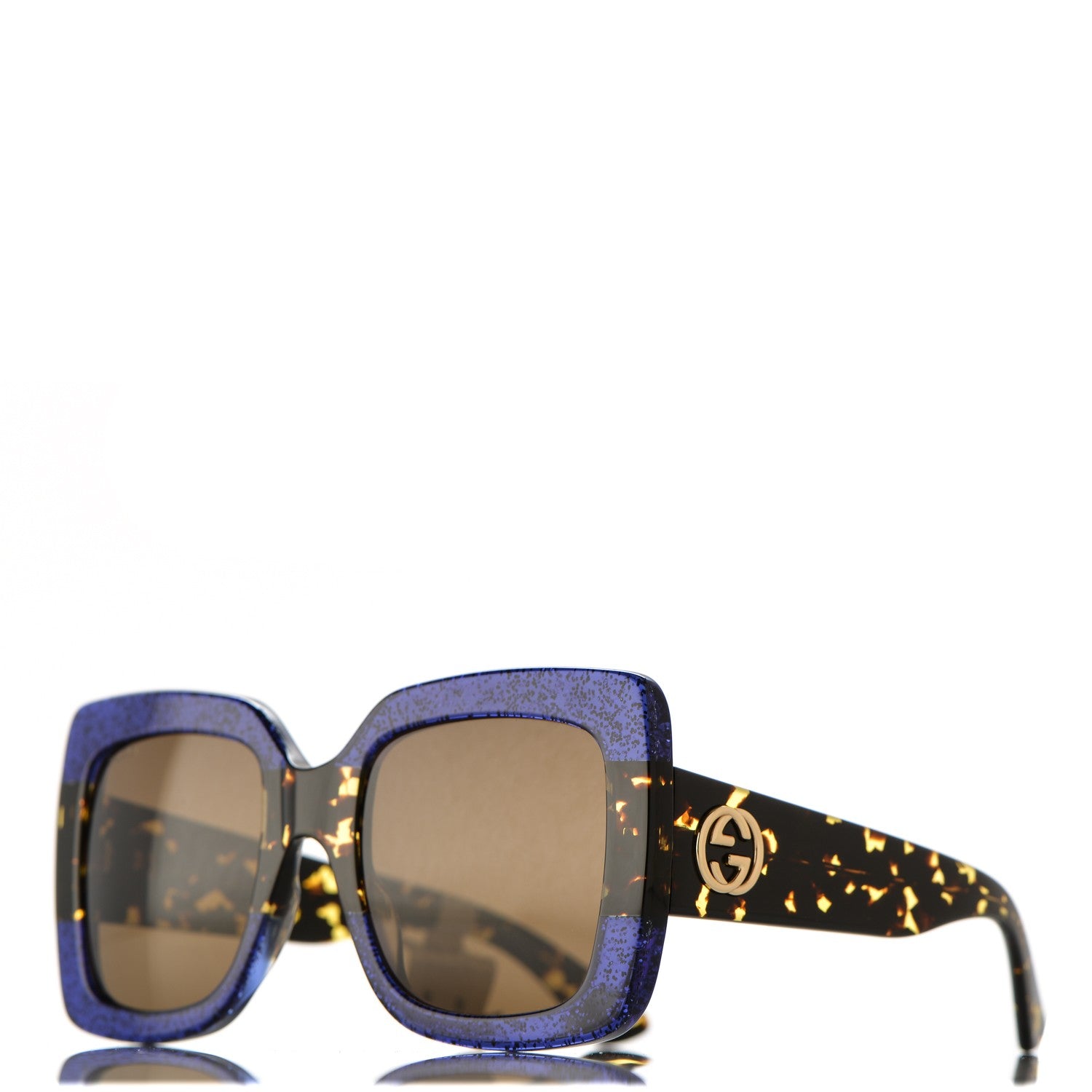Gucci Square Frame GG0083S Sunglasses Glitter Blue Havana Brown 1 of 9