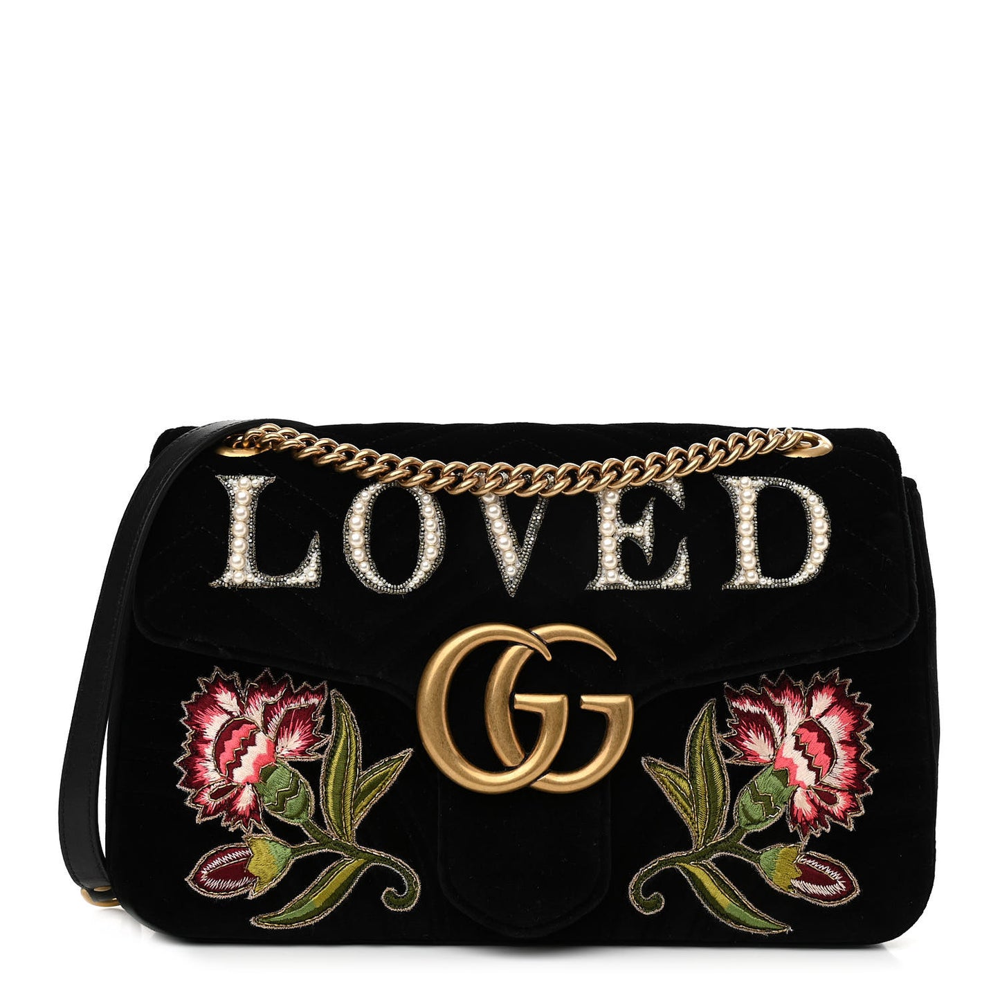 Velvet Matelasse Loved Embroidered Medium GG Marmont Shoulder Bag Black