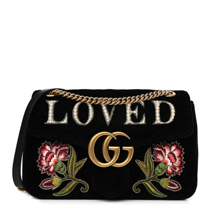 Gucci Velvet Matelasse Loved Embroidered Medium GG Marmont Shoulder Bag Black 1 of 11