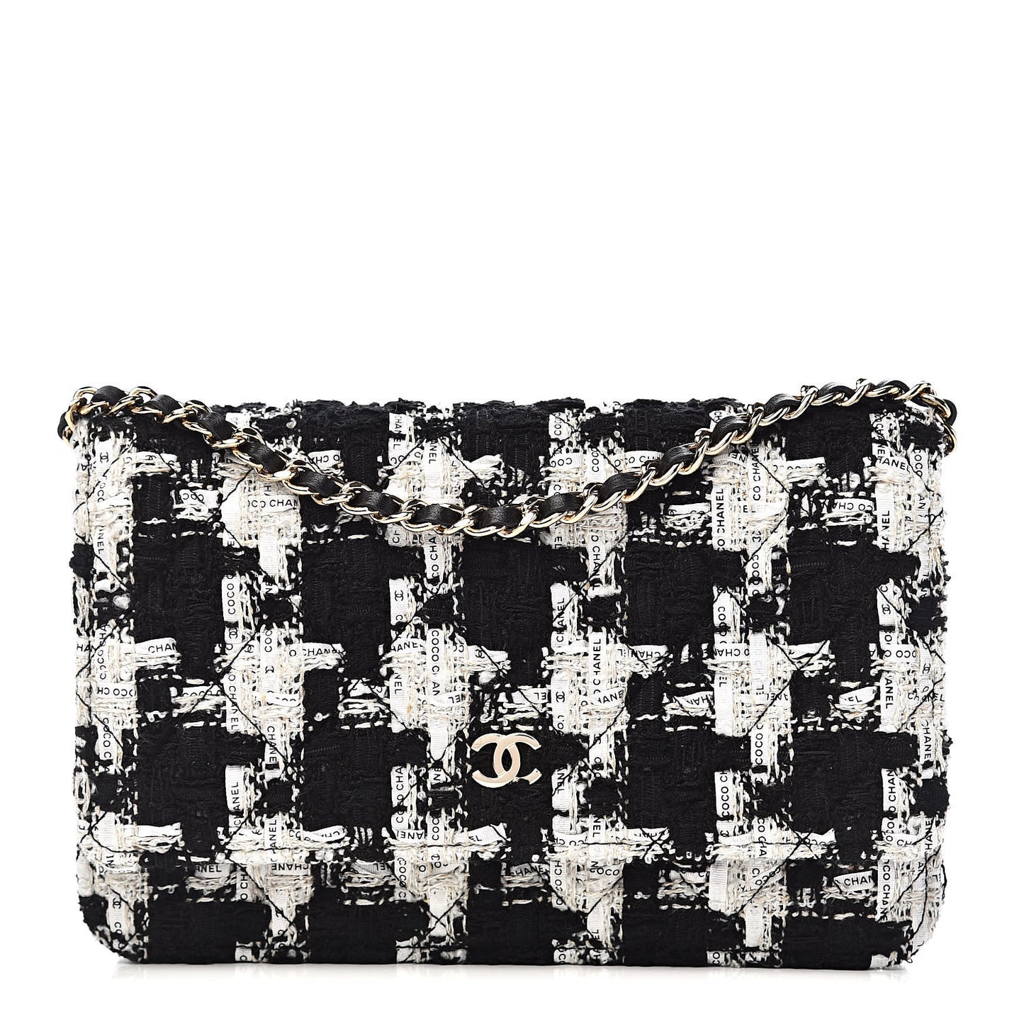 Tweed Quilted Wallet On Chain WOC Black Ecru White