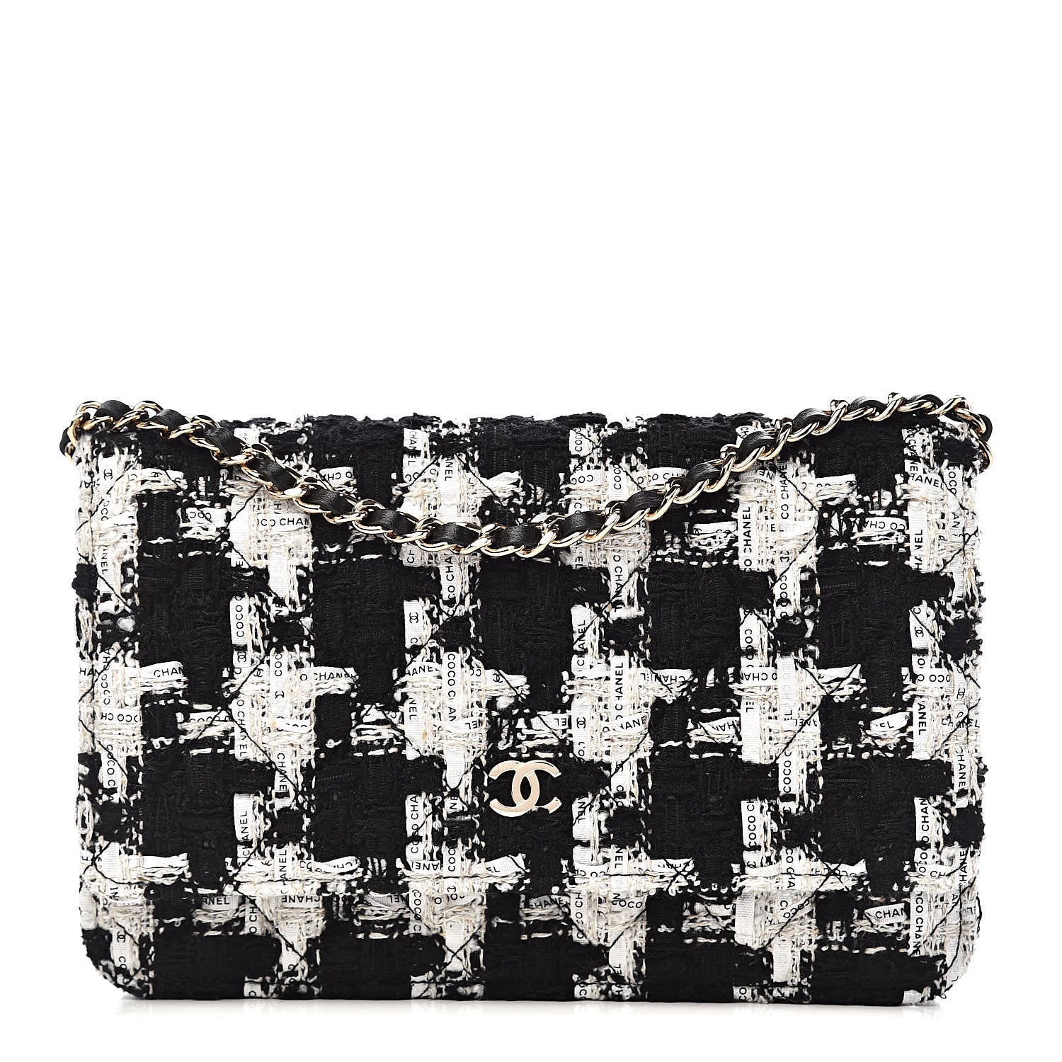 Chanel Tweed Quilted Wallet On Chain WOC Black Ecru White 1 of 11