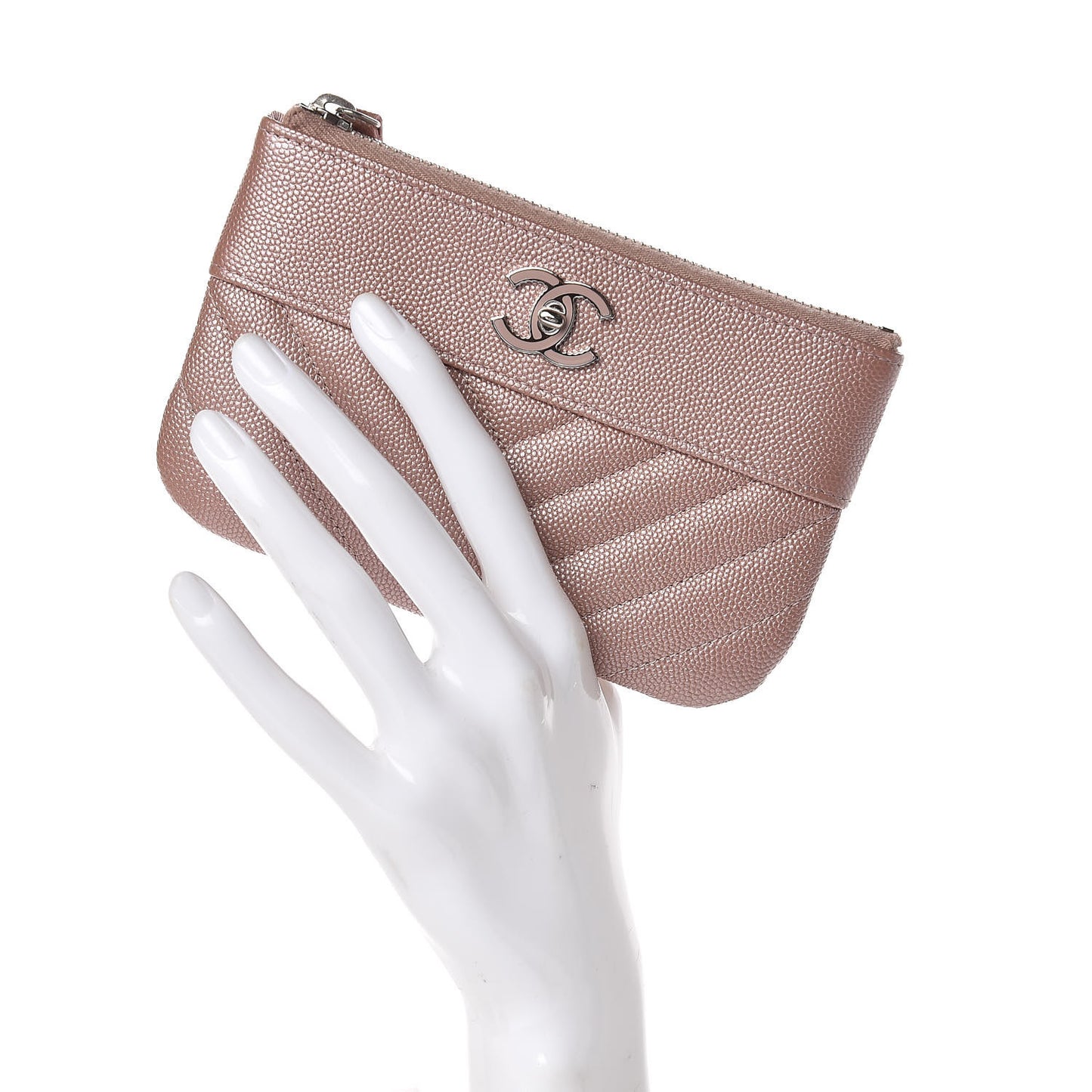 Metallic Caviar Chevron Quilted Small Vintage Mademoiselle Cosmetic Case Pink