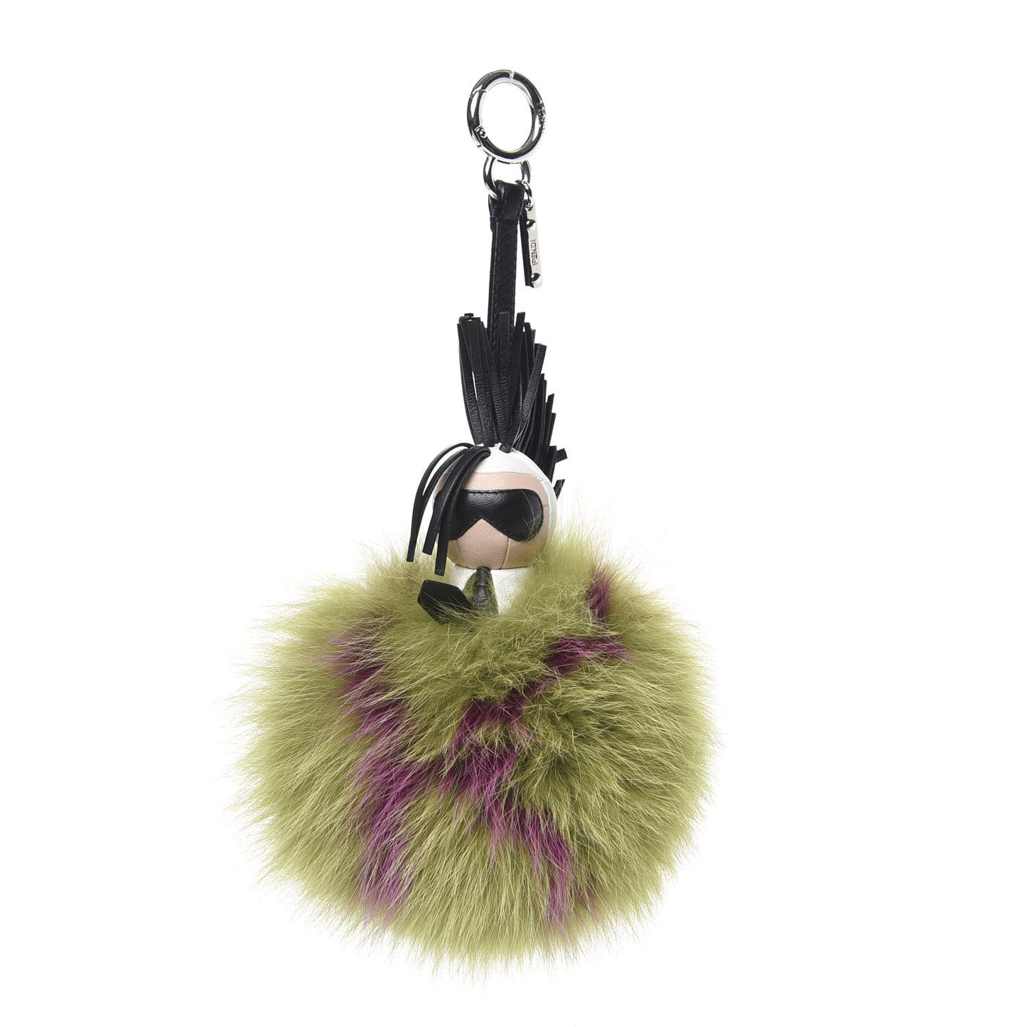 Fox Fur Shiny Nappa Super Karlito Pom Pom Bag Charm Malachite Multicolor Black