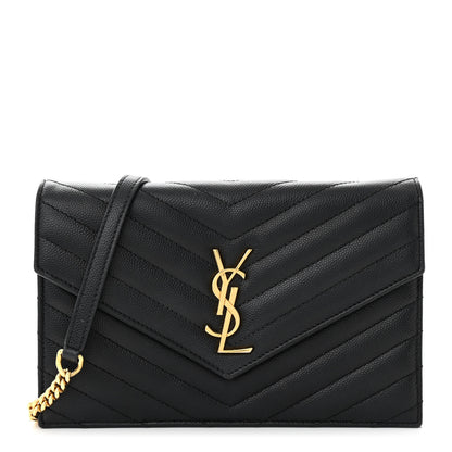 Saint Laurent Grain De Poudre Matelasse Chevron Monogram Envelope Chain Wallet Black 1 of 11