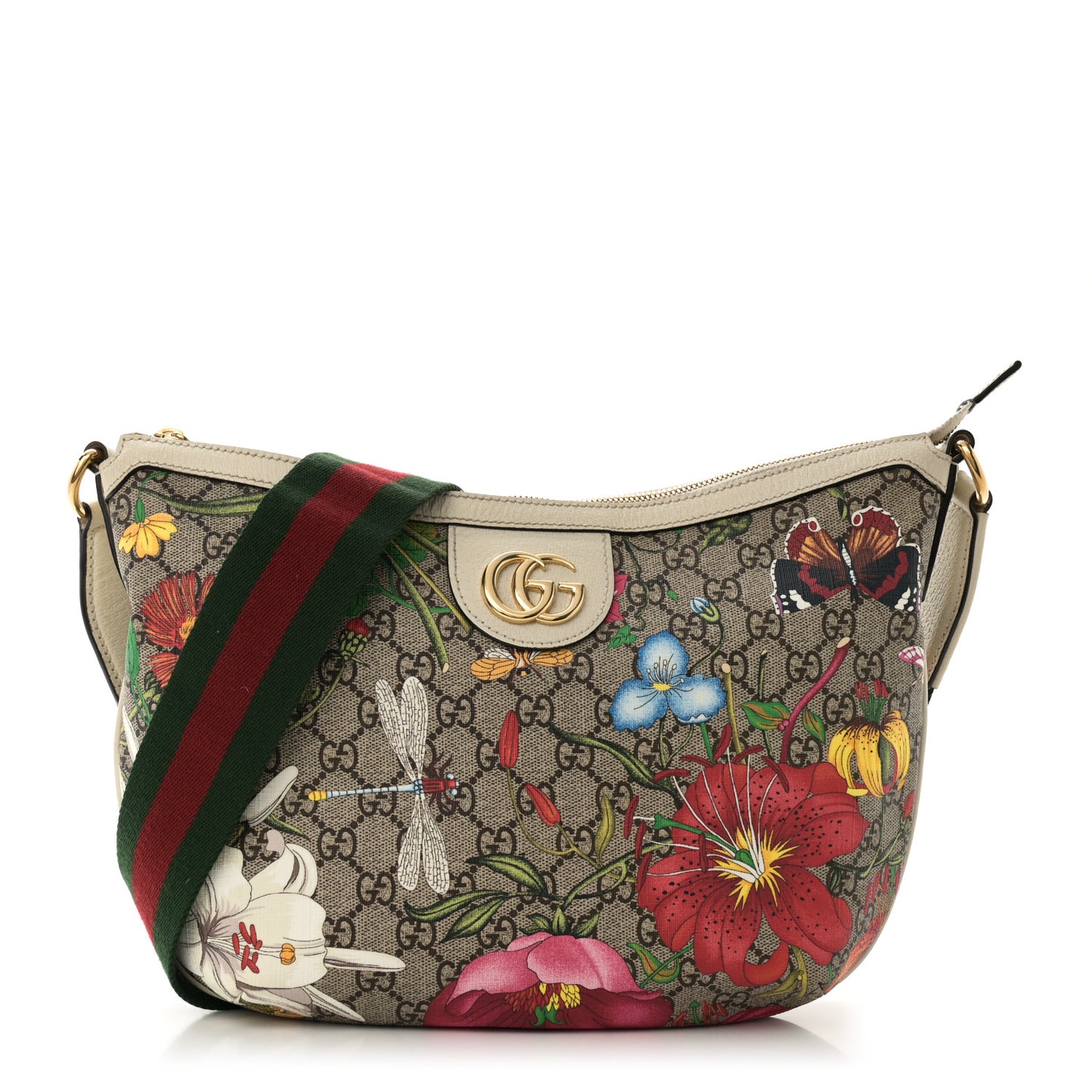 GG Supreme Monogram Flora Web Small Ophidia Half Moon Hobo White