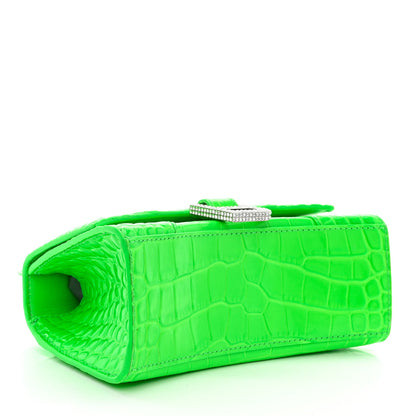 Balenciaga Shiny Calfskin Strass Crocodile Embossed Hourglass Top Handle Bag XS Fluo Green 4 of 12