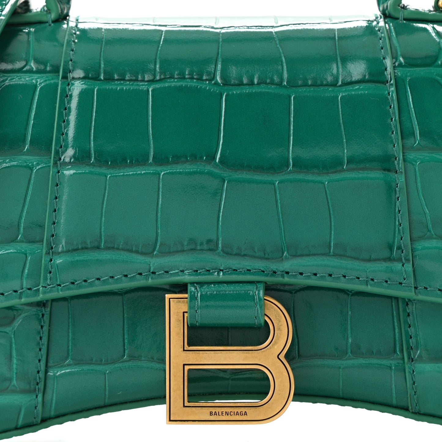Shiny Calfskin Crocodile Embossed Hourglass Top Handle Bag XS Jade