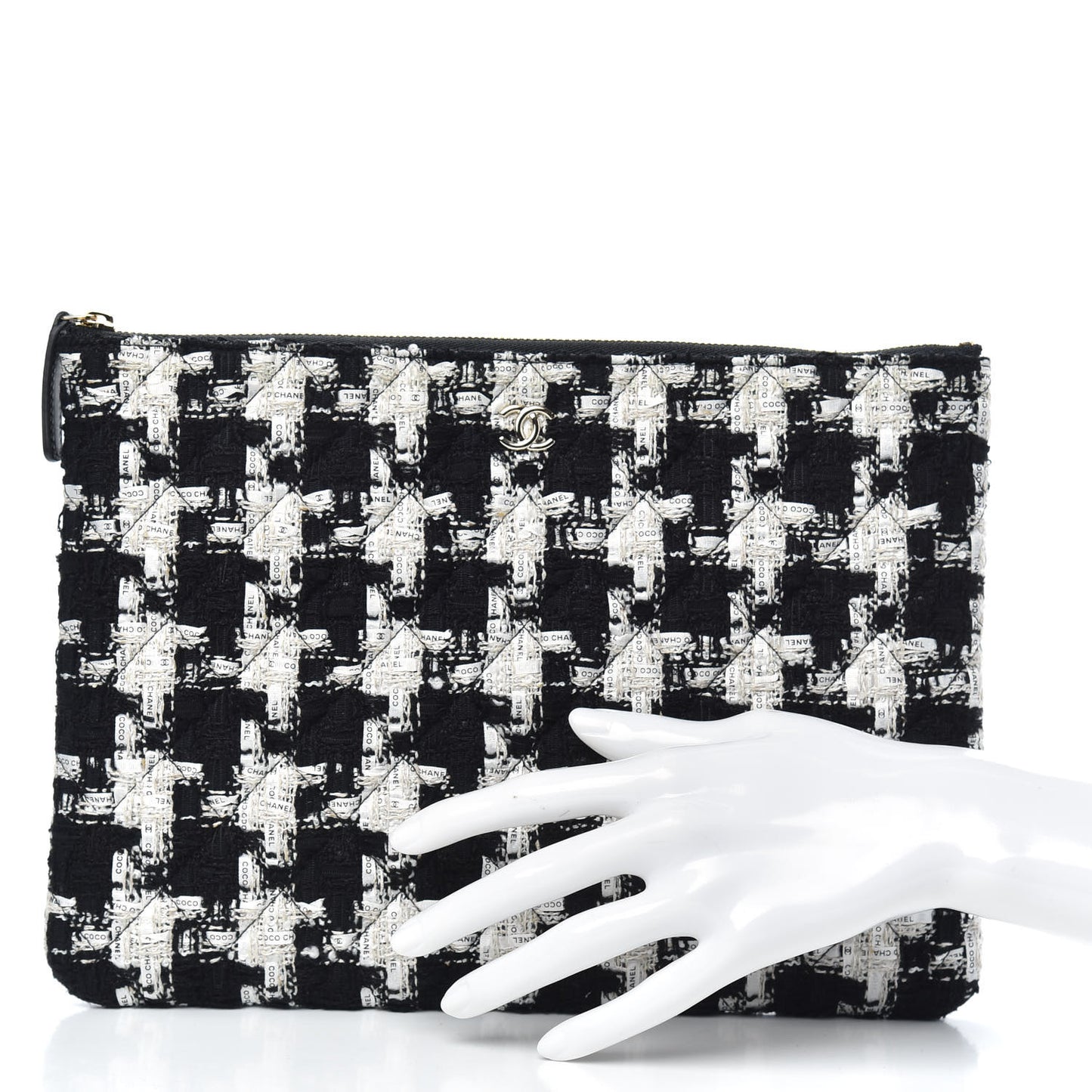 Tweed Quilted Medium Cosmetic Pouch Black Ecru White