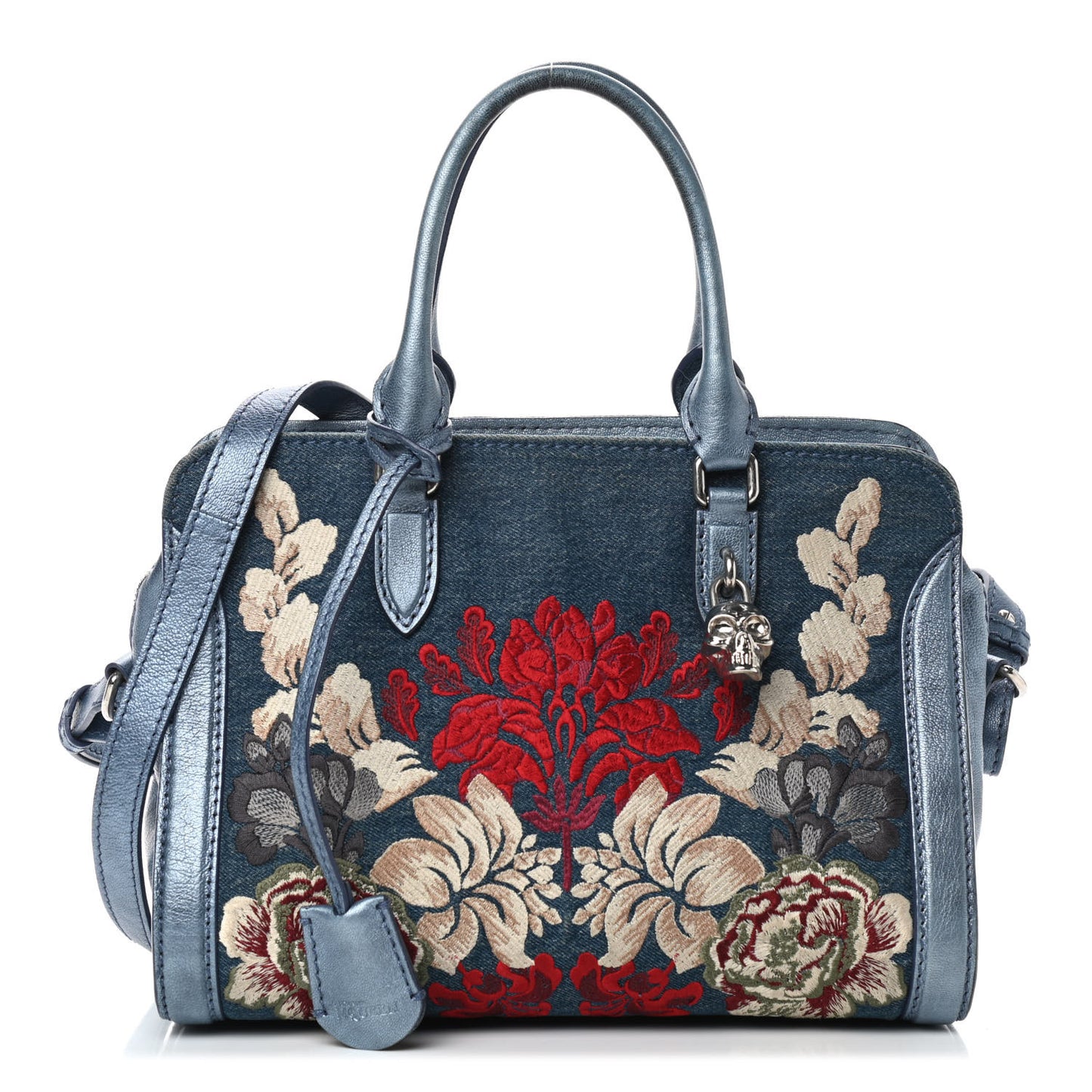 Denim Floral Embroidered Small Skull Padlock Zip Around Tote Blue Multicolor