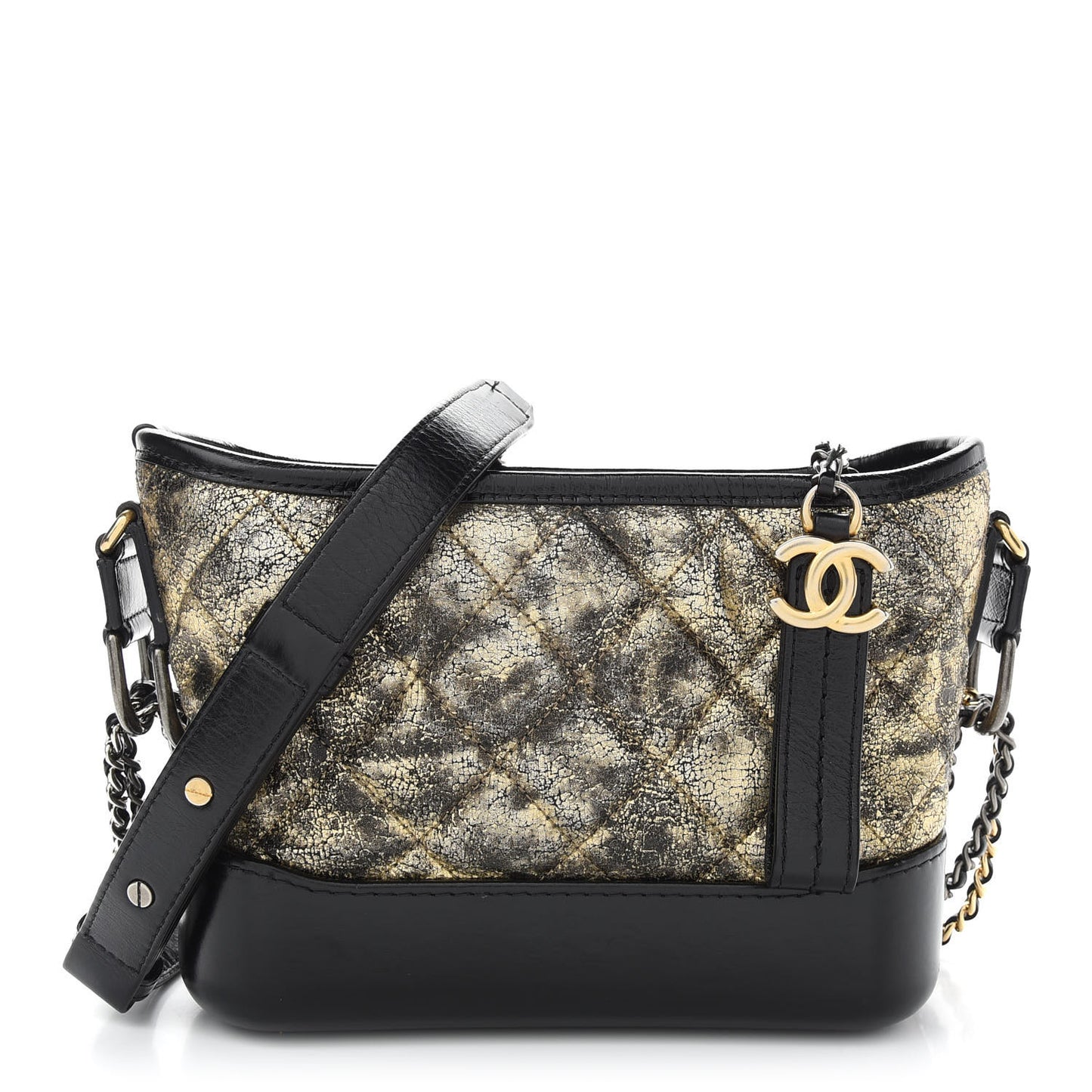 Metallic Crumpled Goatskin Quilted Small Gabrielle Hobo Black Gold