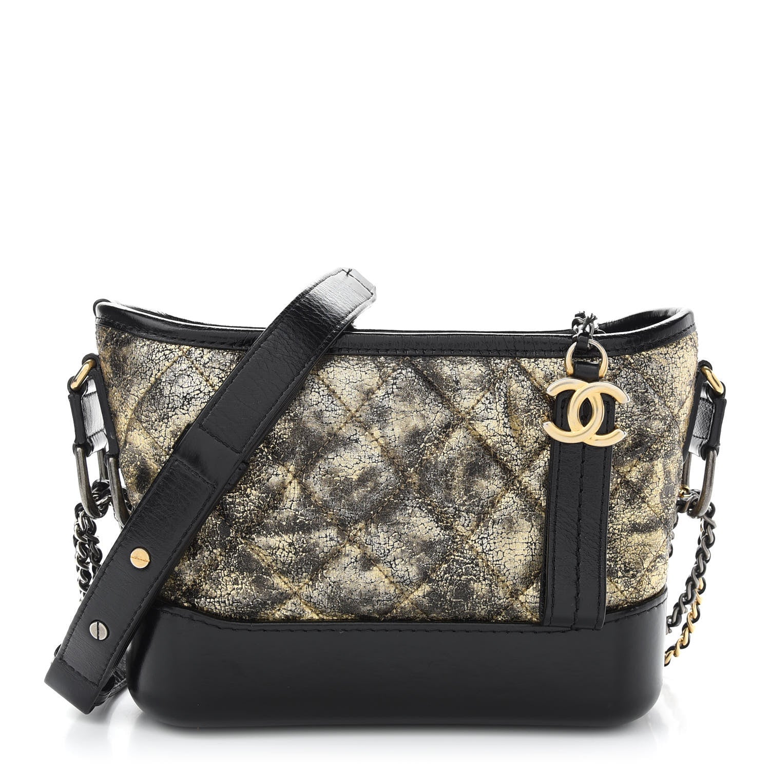 Chanel Metallic Crumpled Goatskin Quilted Small Gabrielle Hobo Black Gold 1 of 9