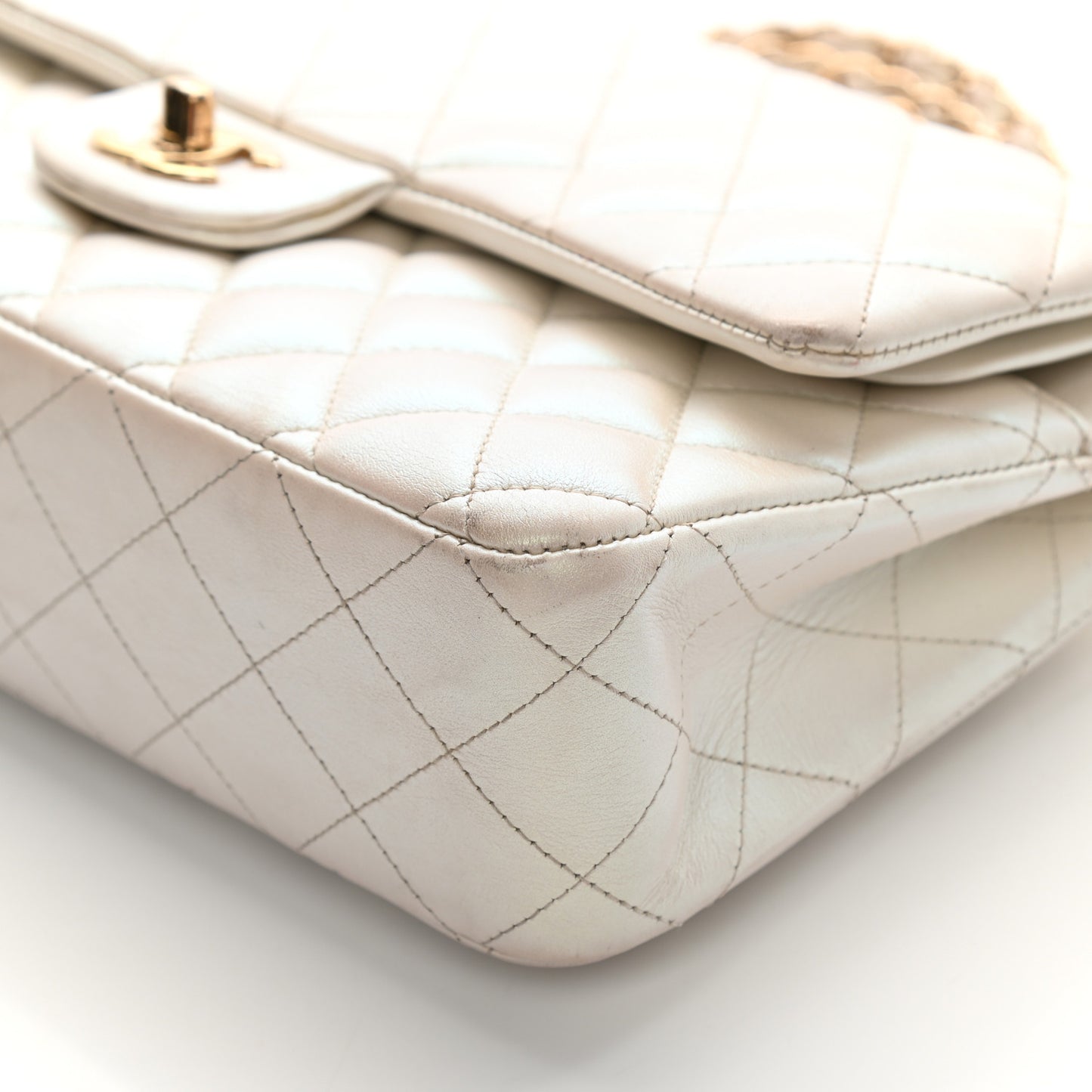 Iridescent Calfskin Quilted Medium Double Flap White