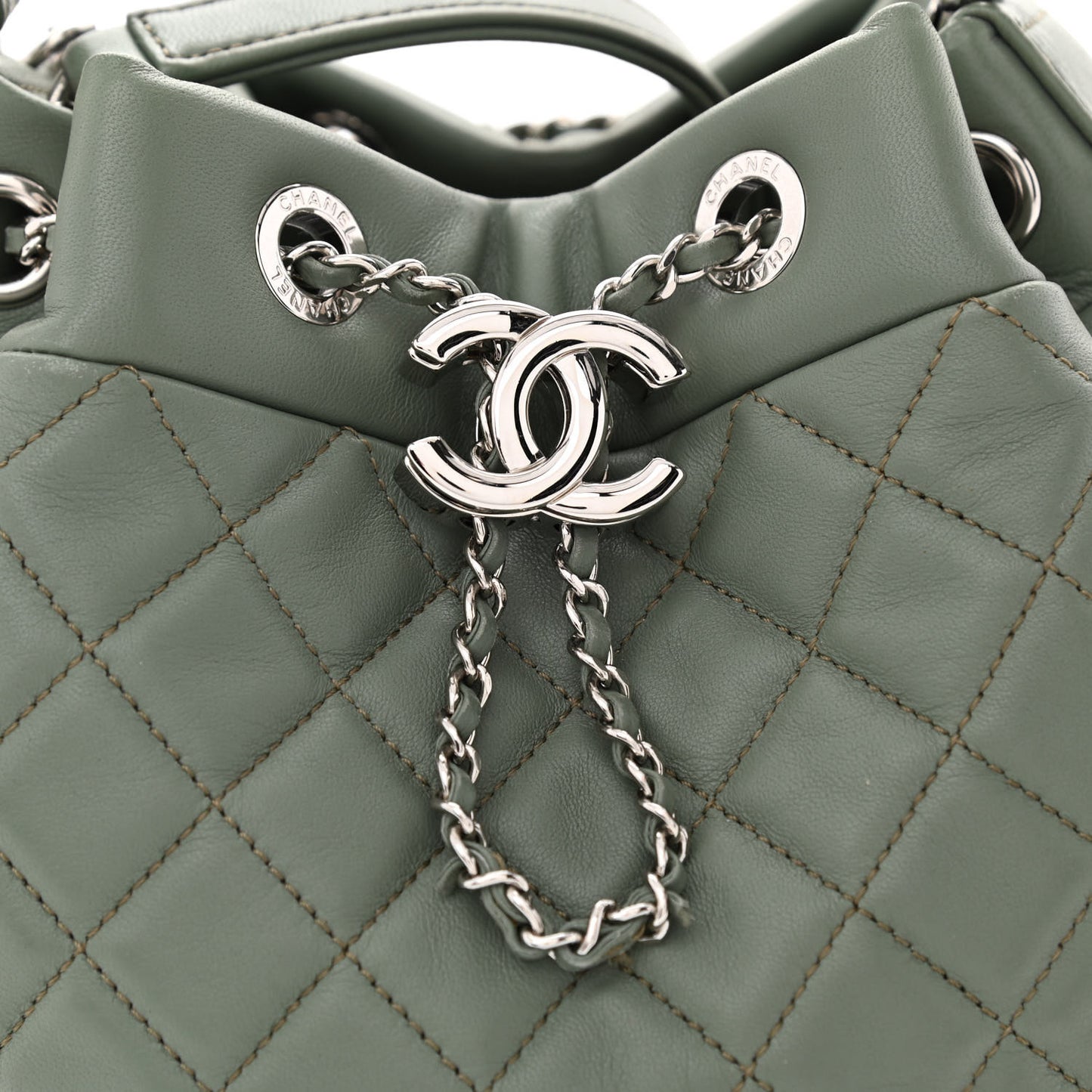 Lambskin Quilted Small CC Chain Bucket Drawstring Bag Green