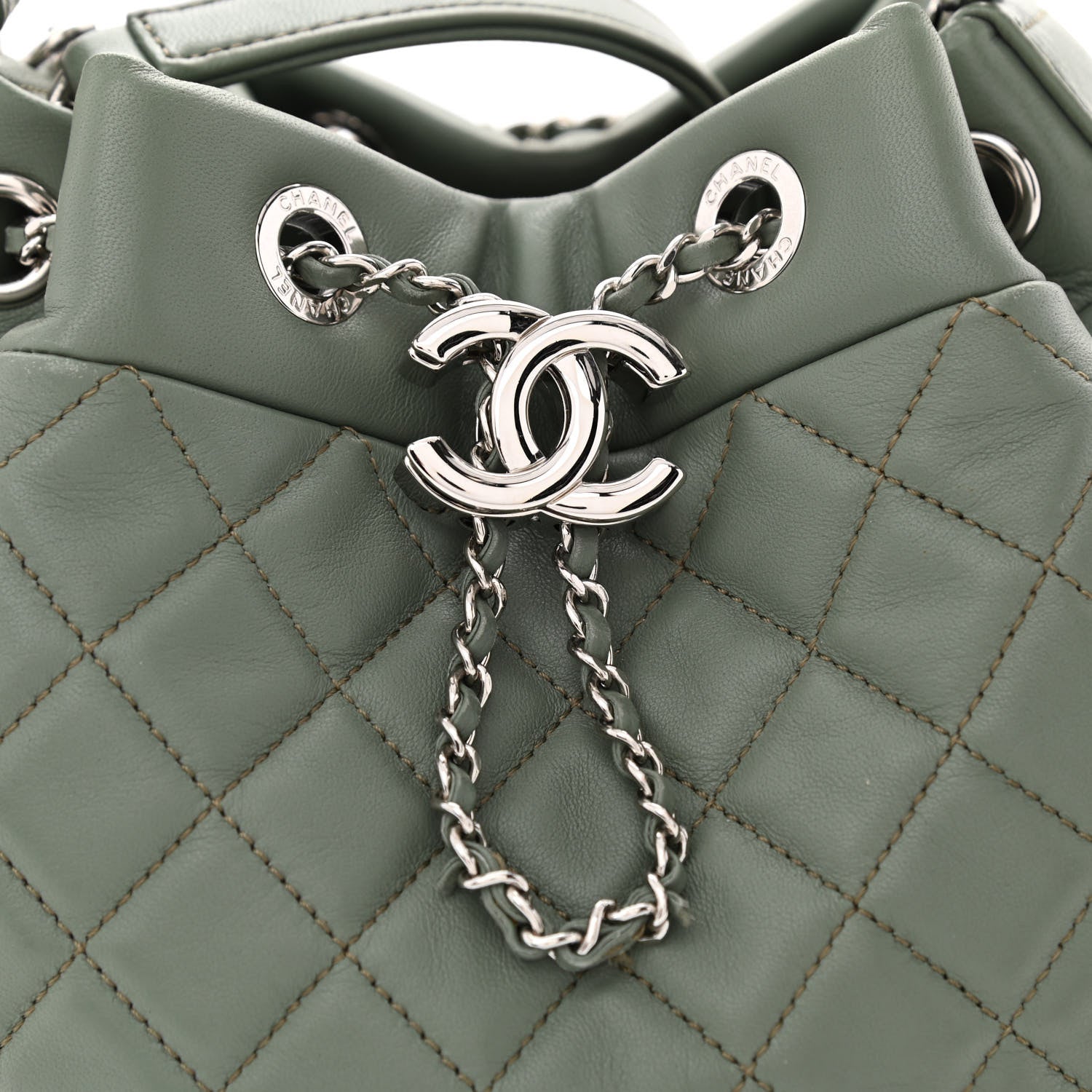Chanel Lambskin Quilted Small CC Chain Bucket Drawstring Bag Green 8 of 10