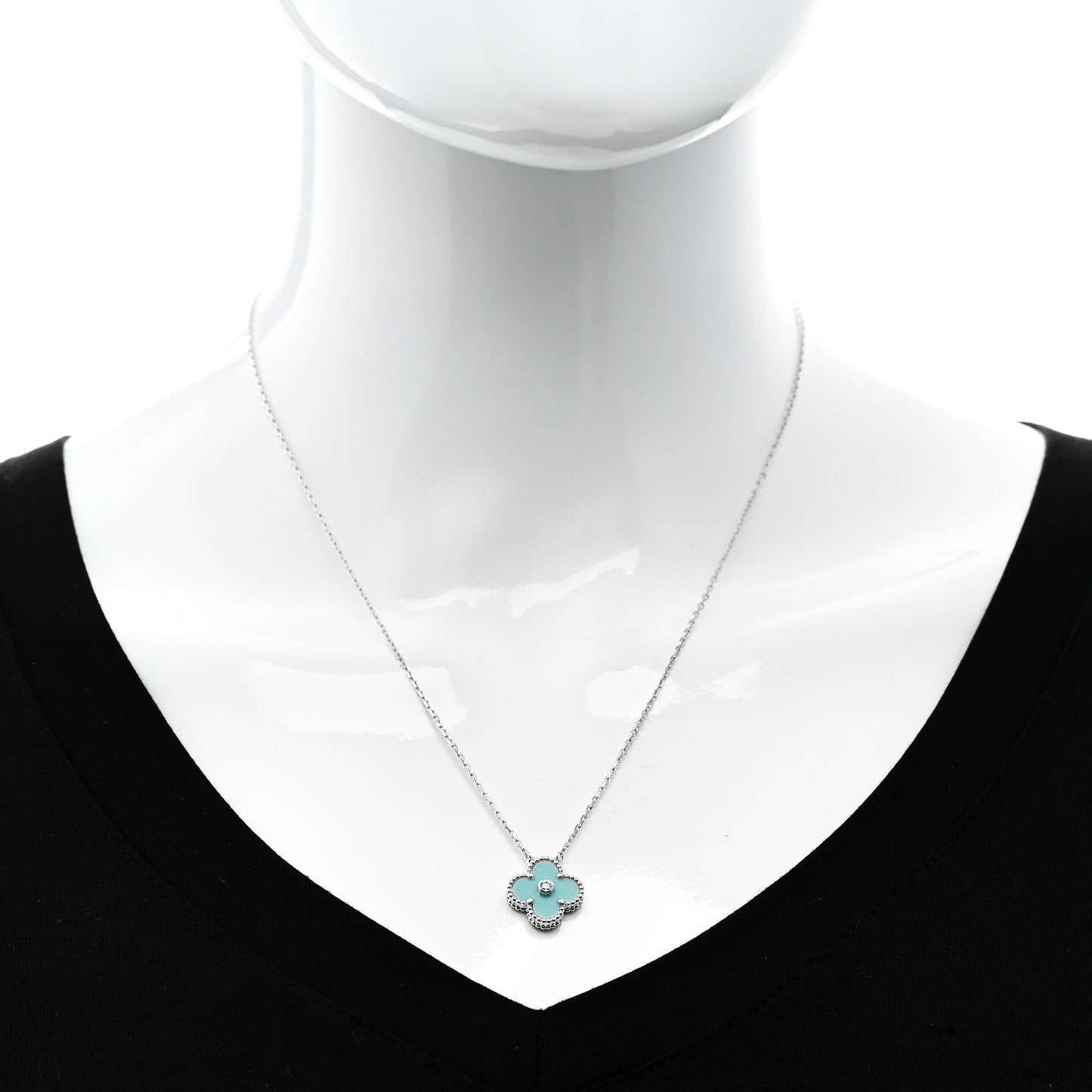 18K White Gold Diamond Celadon Green Sevres Porcelain Vintage Alhambra Pendant Necklace