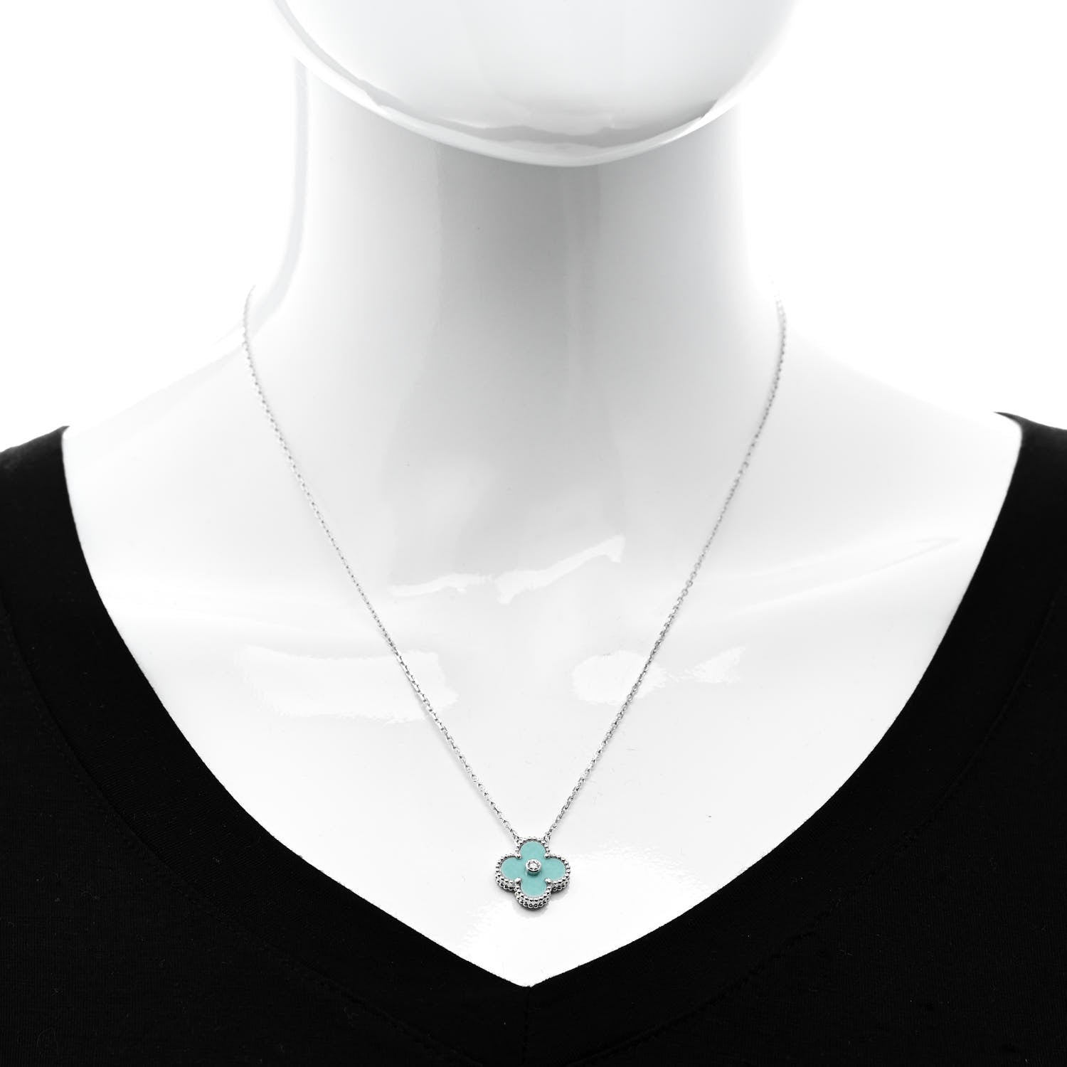 Van Cleef & Arpels 18K White Gold Diamond Celadon Green Sevres Porcelain Vintage Alhambra Pendant Necklace 2 of 6