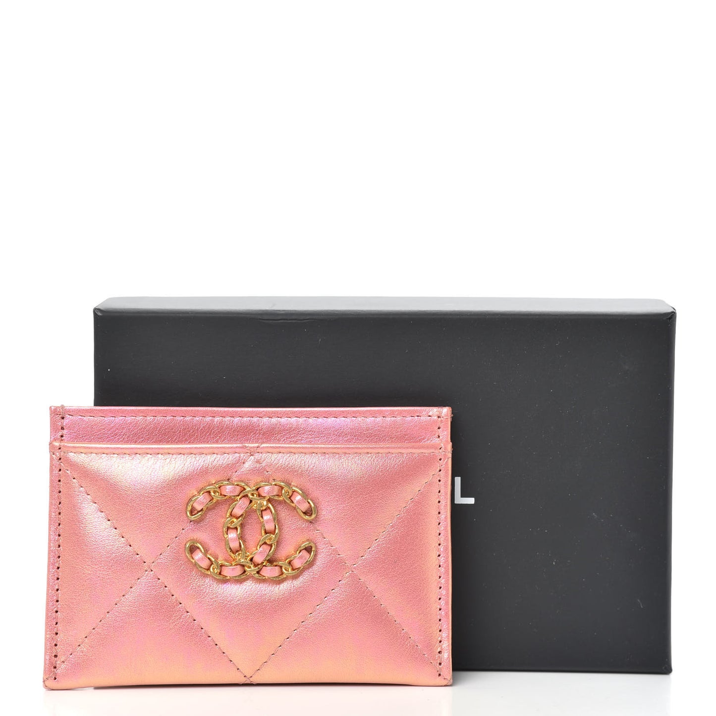 Iridescent Calfskin Quilted Chanel 19 Card Holder Pink